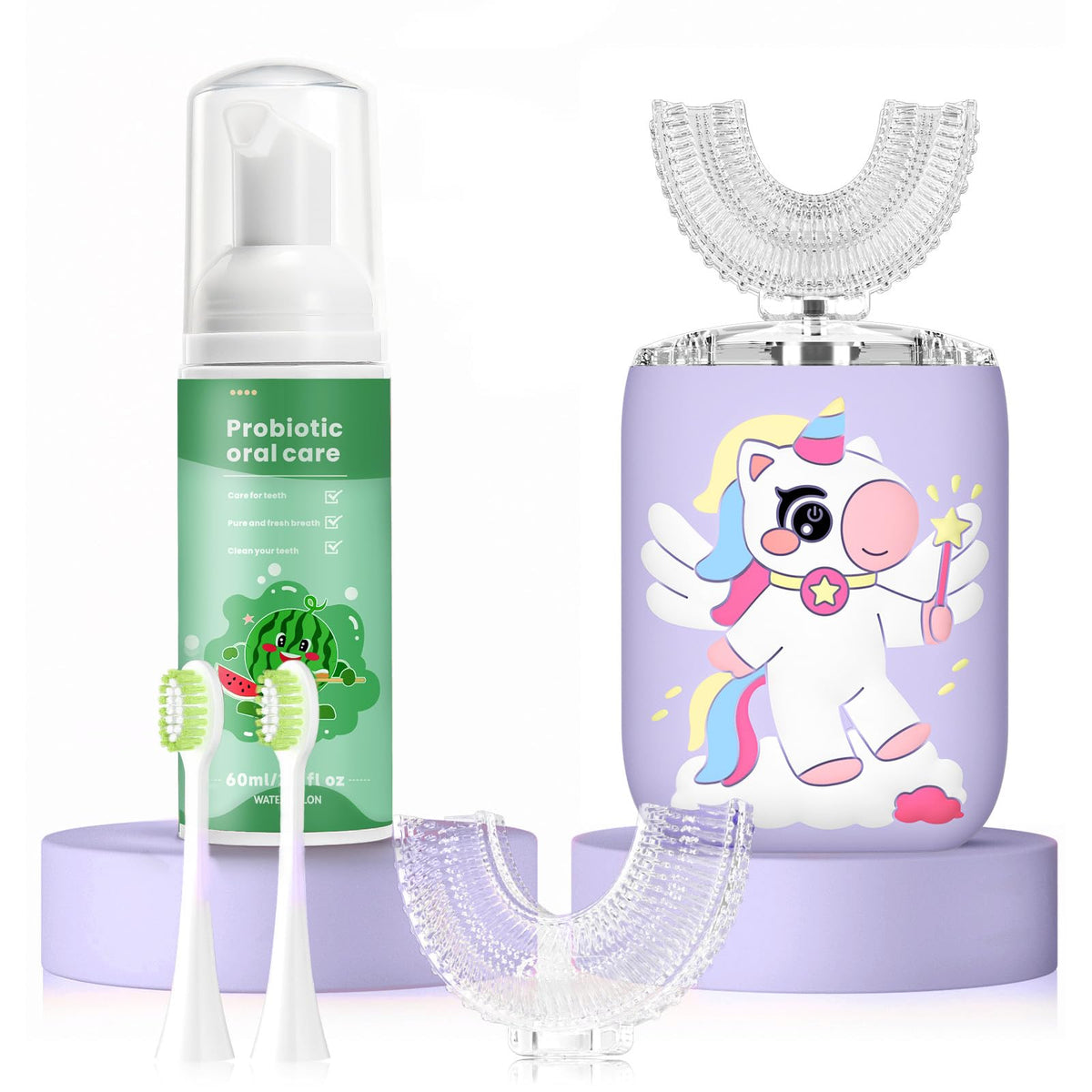ELOTAME kids unicorn purple U-Shaped electric toothbrush front view
