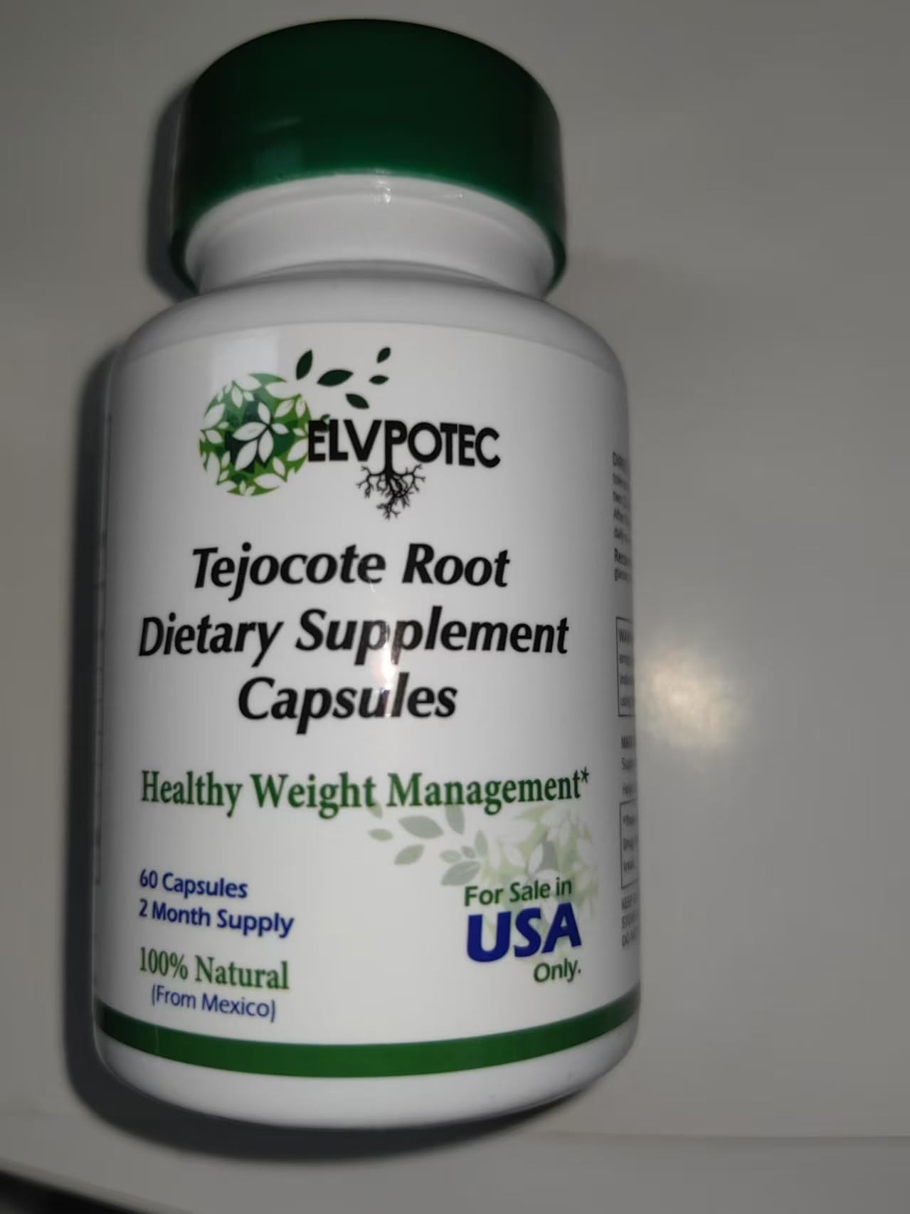 ELVPOTEC Mexican Original Capsules ingredients-label close-up highlighting 100% natural formula for everyday use