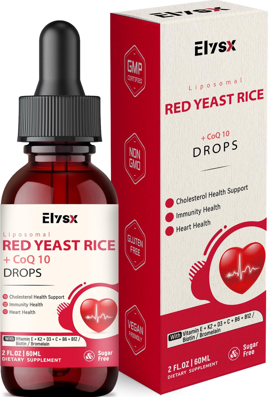 Elysx Liposomal Red Yeast Rice Drops bottle with CoQ10 on white background
