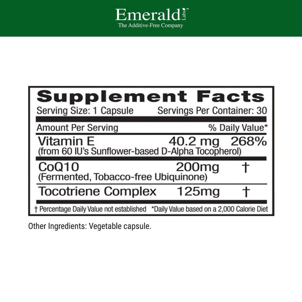 CoQ10 200mg bottle label featuring Vitamin E