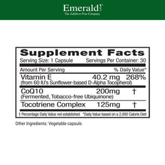 CoQ10 200mg bottle label featuring Vitamin E