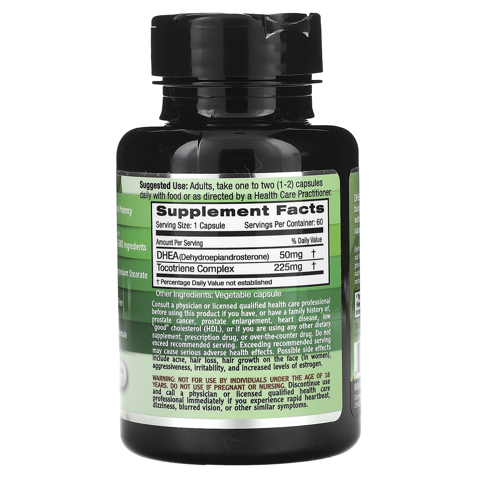 Supplement facts label for Emerald Labs DHEA 50mg Adrenal Support Gluten-Free