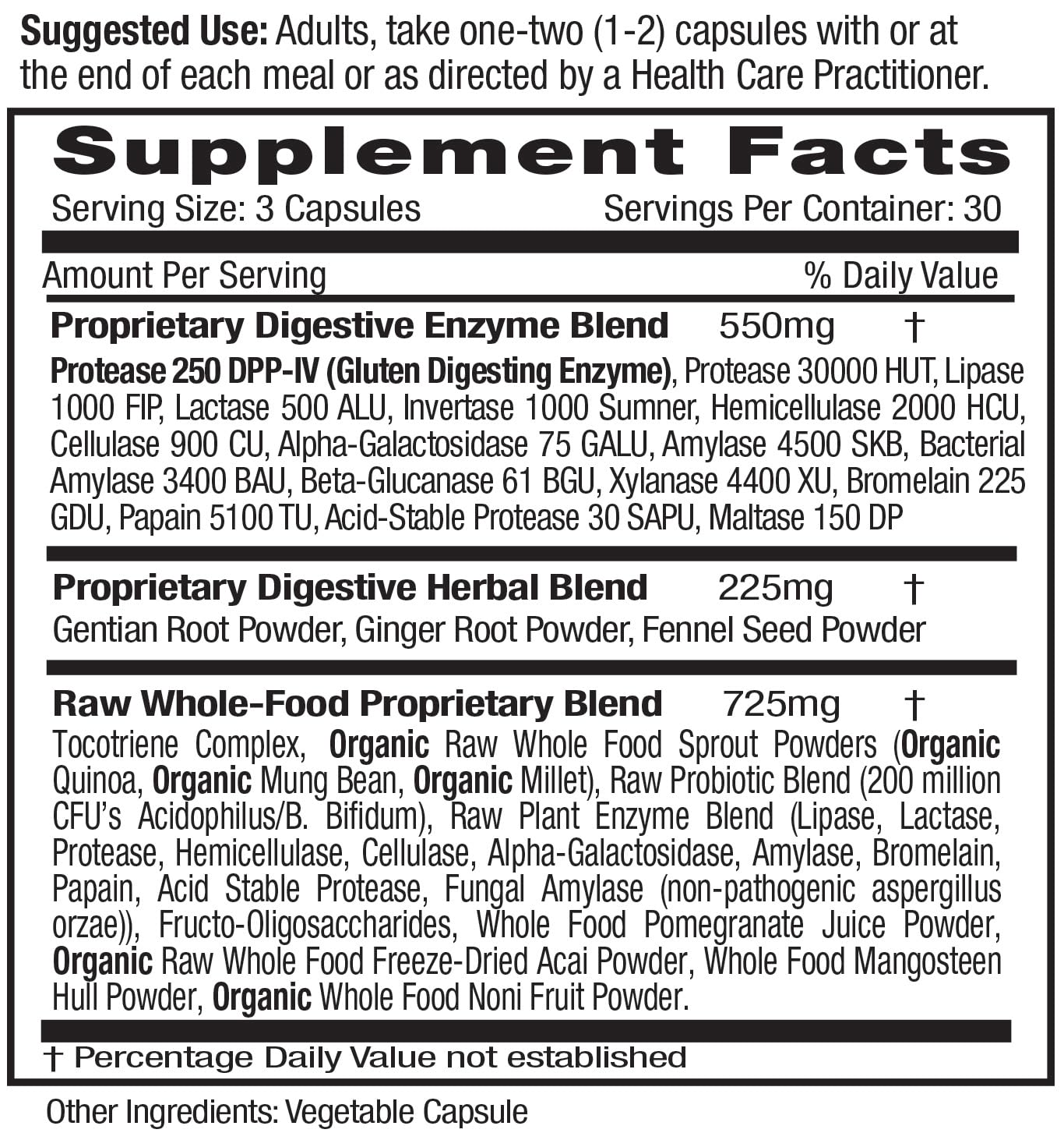 Close-up of label highlighting probiotics and digestive enzymes