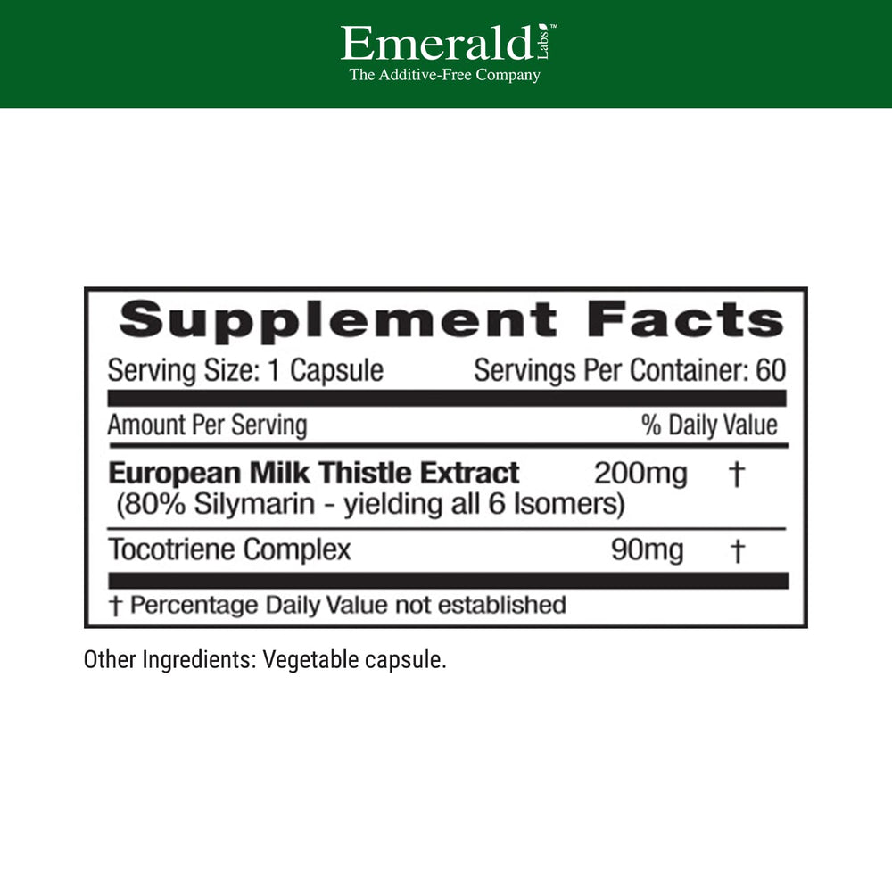 Close-up of Organic Milk Thistle label on Emerald Labs bottle