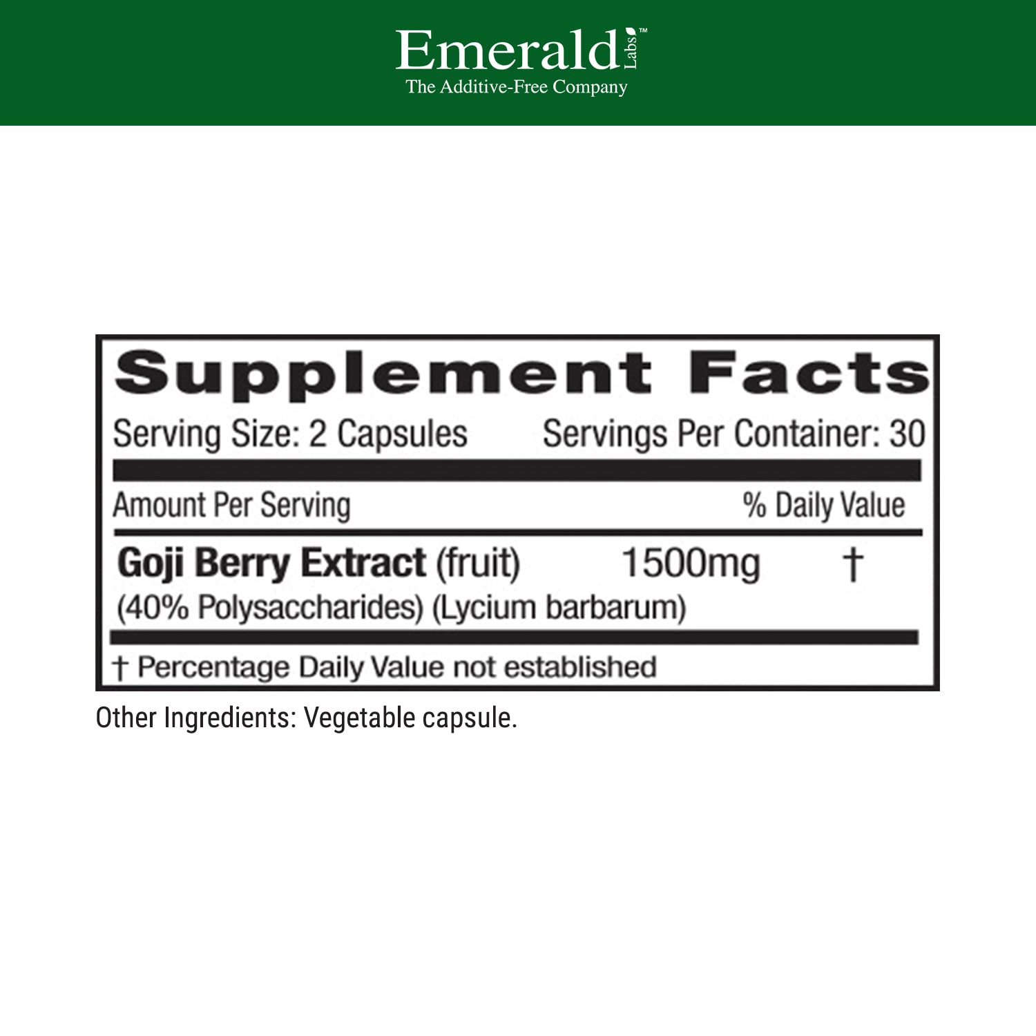 Close-up of Emerald Labs Goji Berry capsules