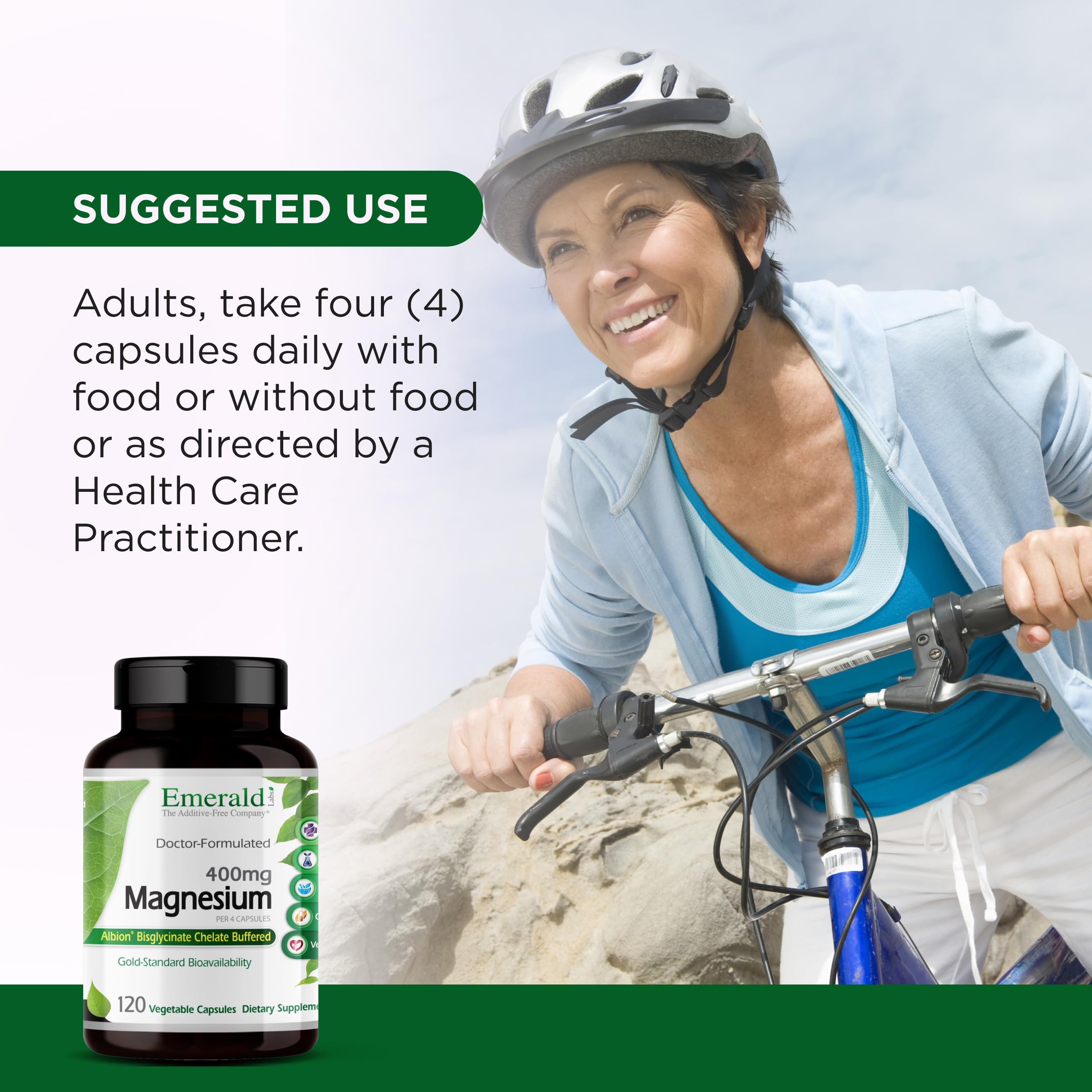 Vegan-friendly label and product features of Emerald Labs magnesium