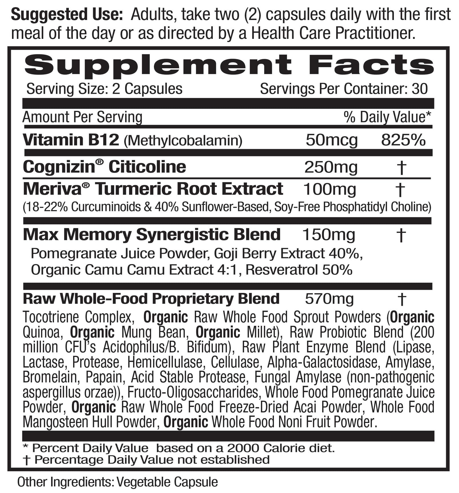 Close-up of Memory Health label highlighting Meriva Turmeric and Vitamin B12
