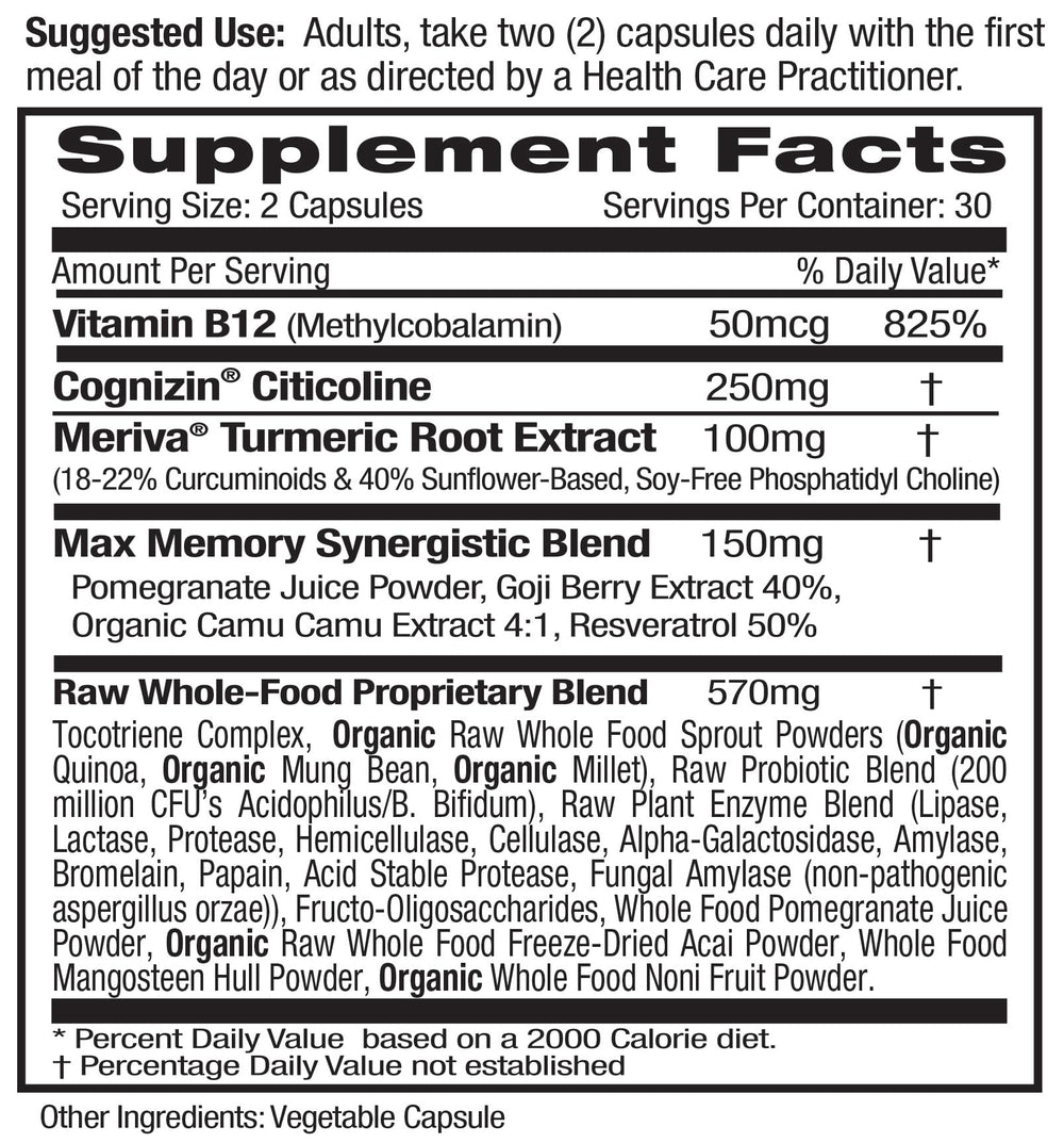 Close-up of Memory Health label highlighting Meriva Turmeric and Vitamin B12