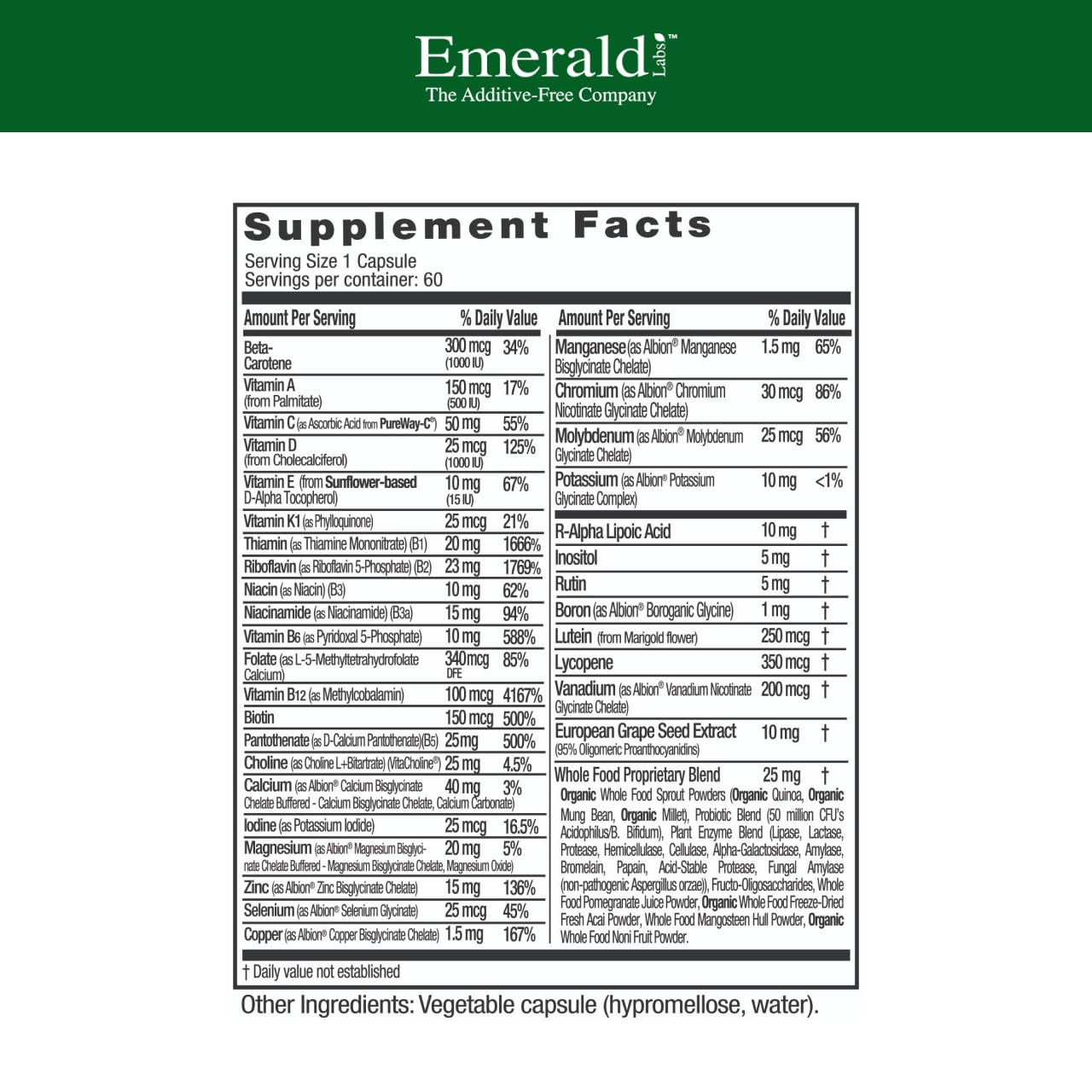 Side view of EMERALD LABS Men's 1 Daily Multi bottle