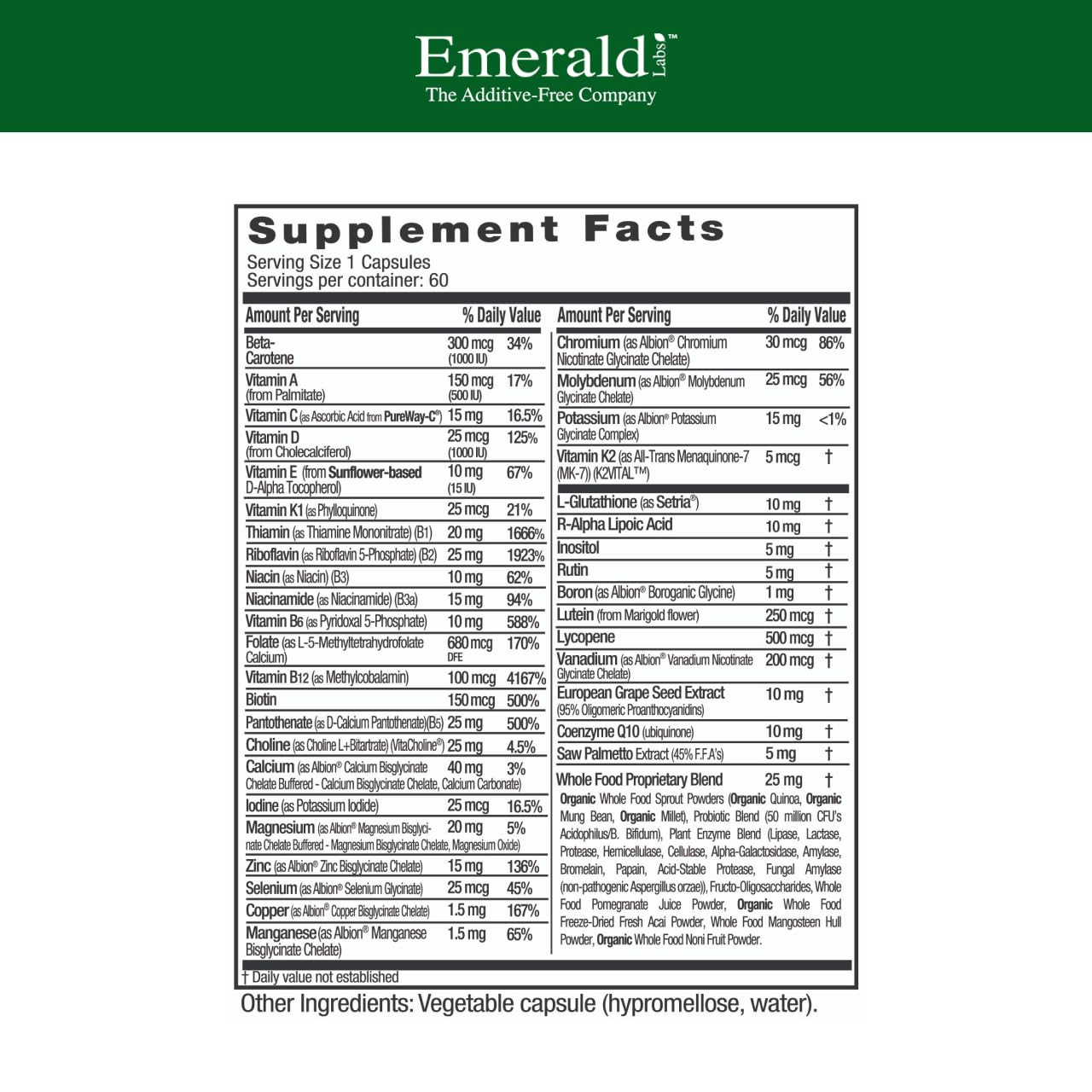 Front view of Emerald Labs Men's 45+ 1-Daily Multi bottle