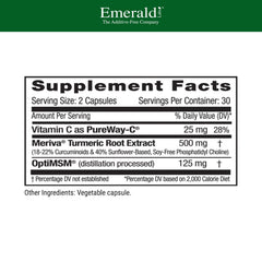 Meriva turmeric root extract 500 mg per serving highlighted on label