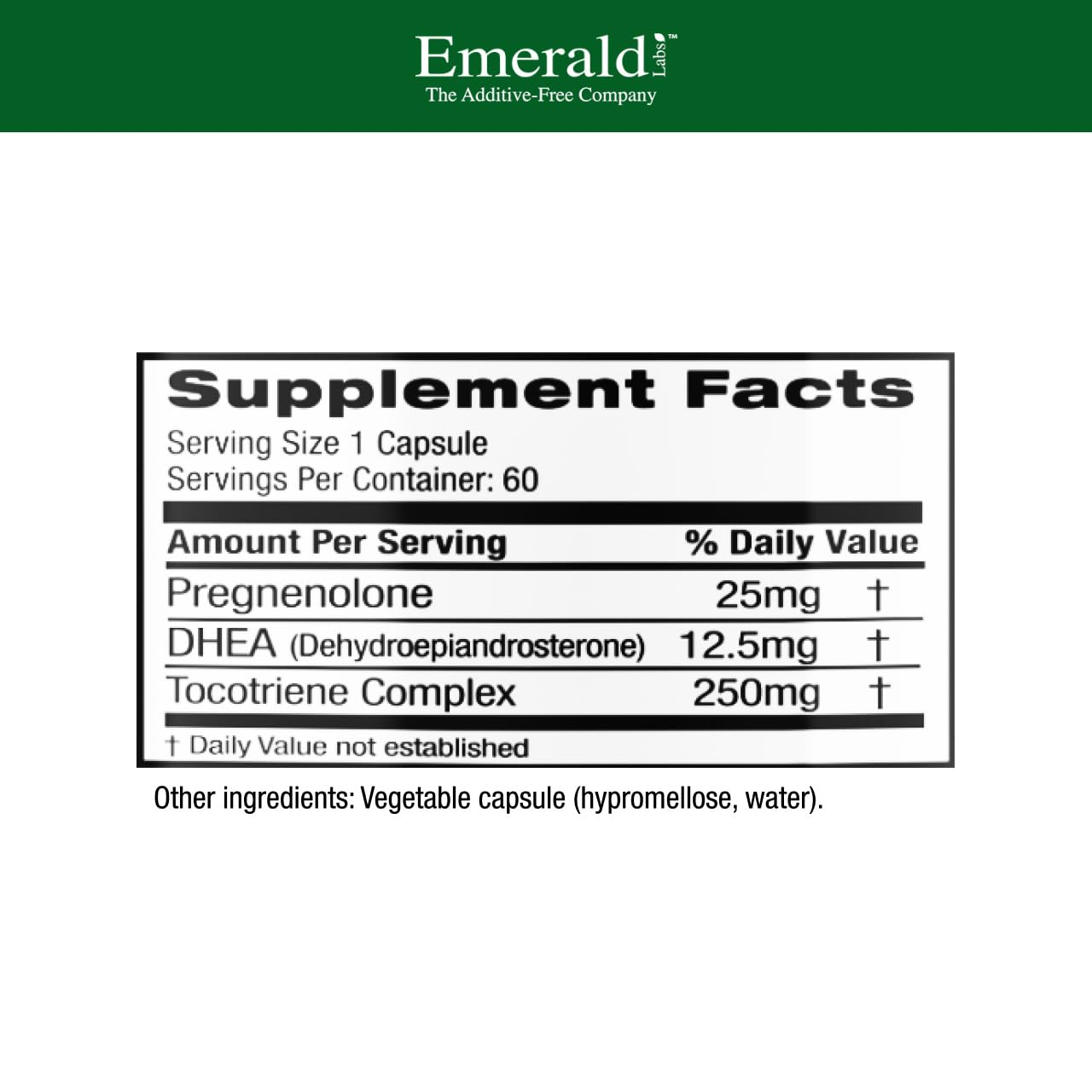 Close-up label of Emerald Labs Pregnenolone 50mg + DHEA 25mg