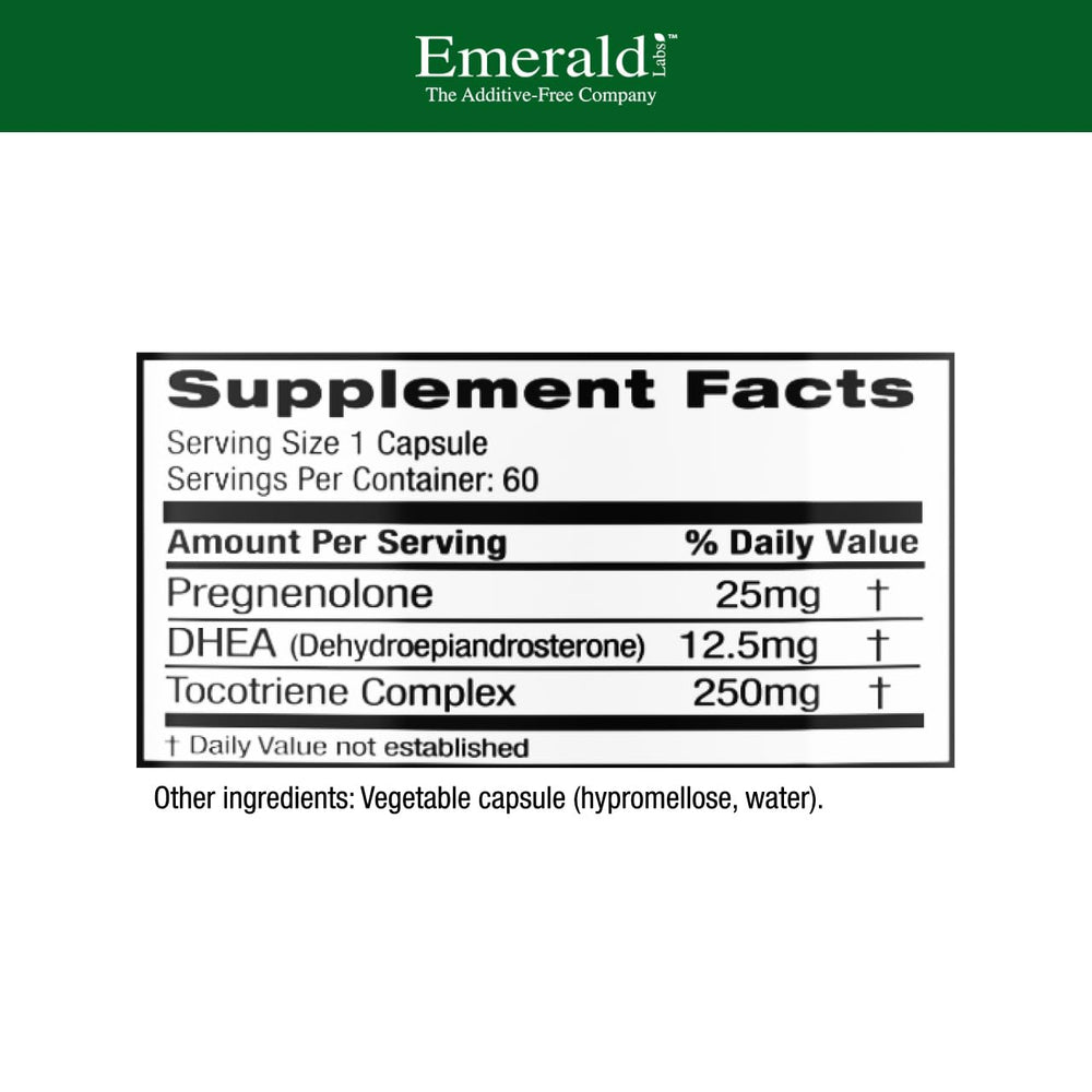 Close-up label of Emerald Labs Pregnenolone 50mg + DHEA 25mg