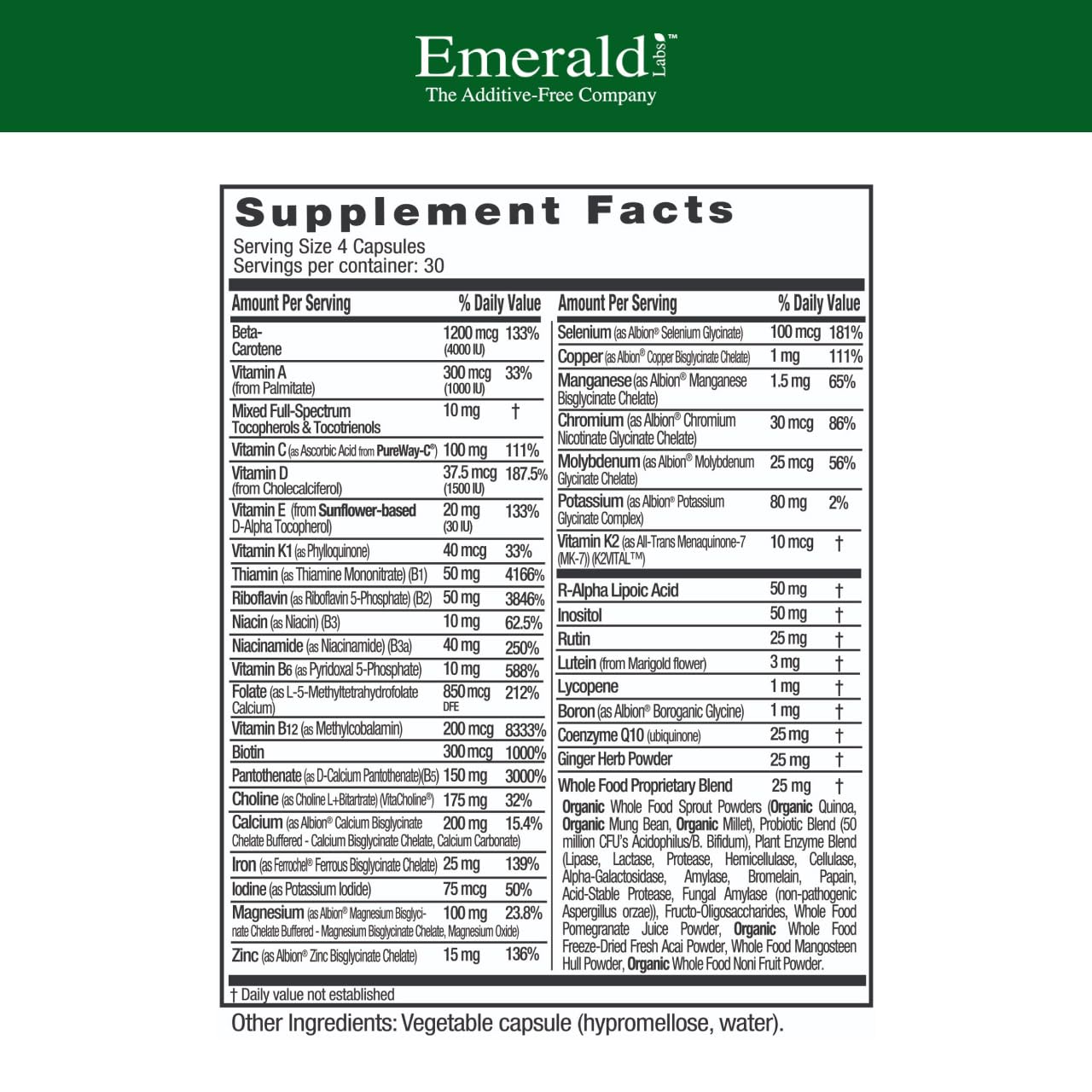 Close-up of vegetable capsules from Emerald Labs Prenatal Multi