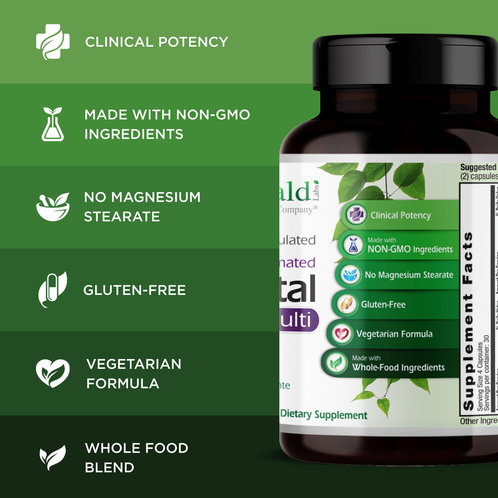 Whole-food ingredients and nutrition highlights on the Emerald Labs label
