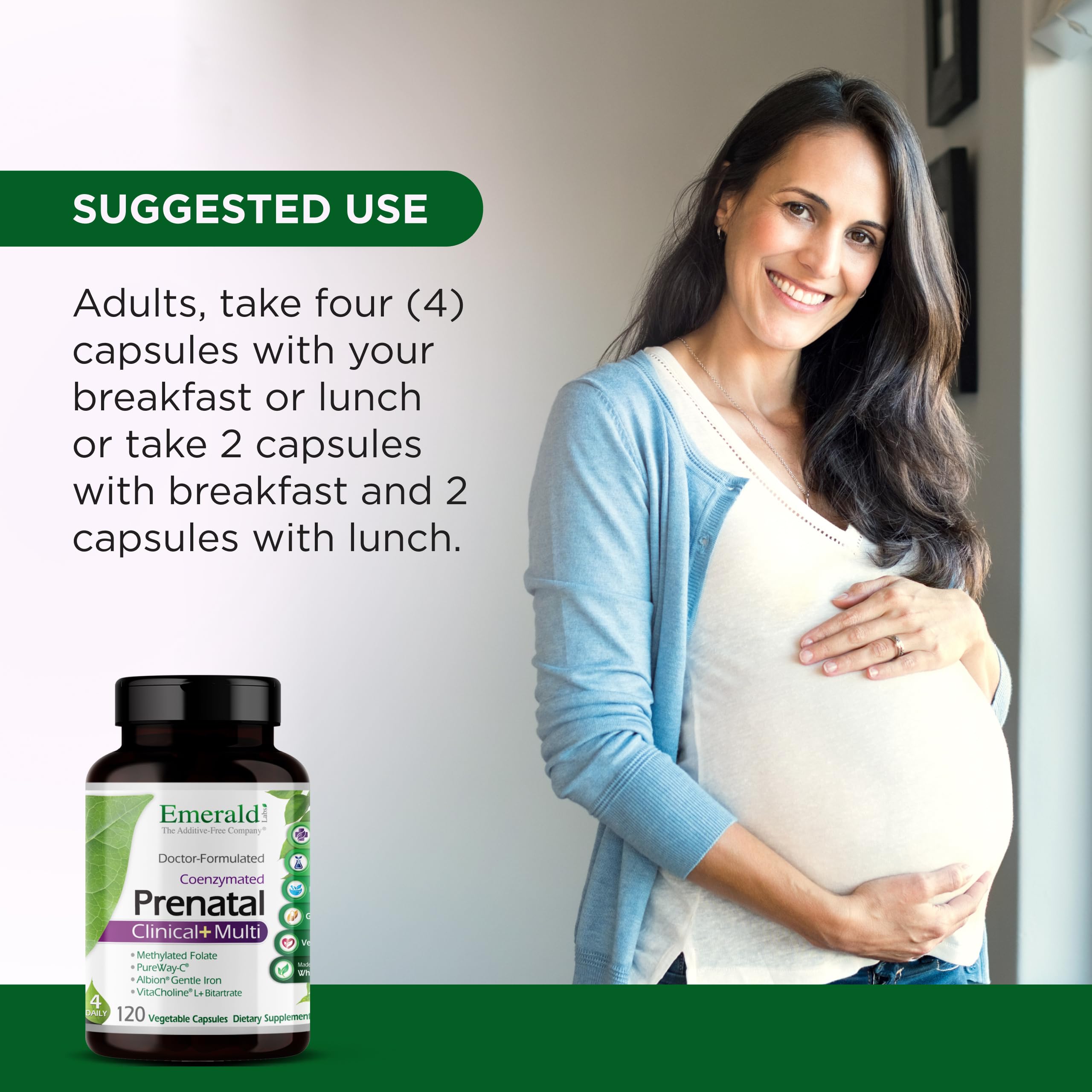 Soy-free and gluten-free certification icons on Emerald Labs Prenatal Multi packaging