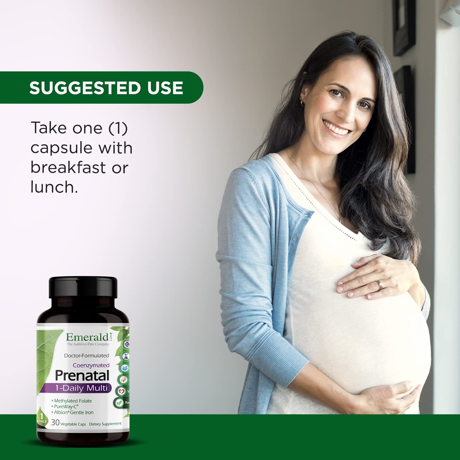 Soy-free and gluten-free label on EMERALD LABS Prenatal multivitamin