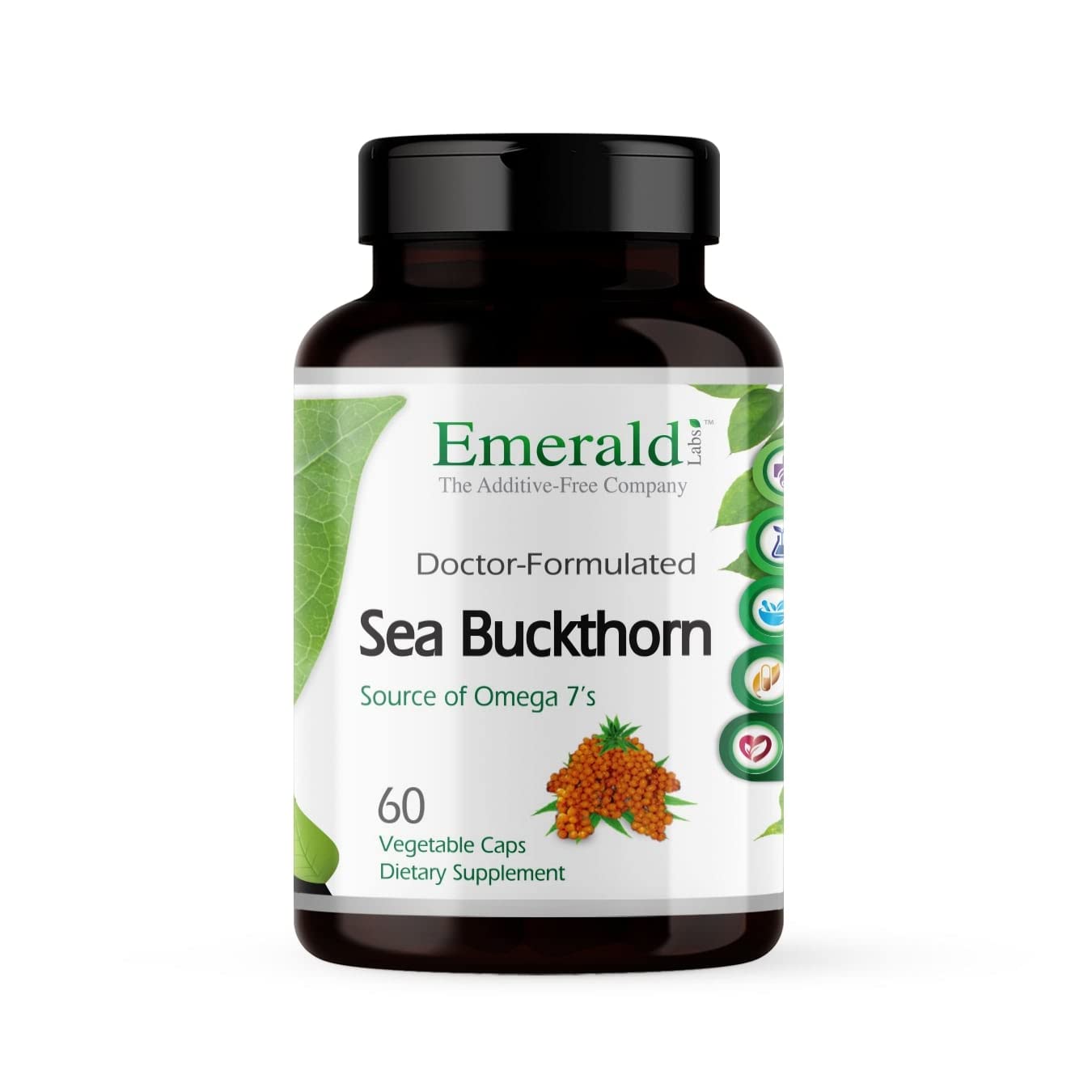 Emerald Labs Sea Buckthorn bottle label showcasing vitamins C and E and omega-7