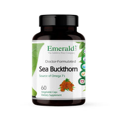Emerald Labs Sea Buckthorn bottle label showcasing vitamins C and E and omega-7