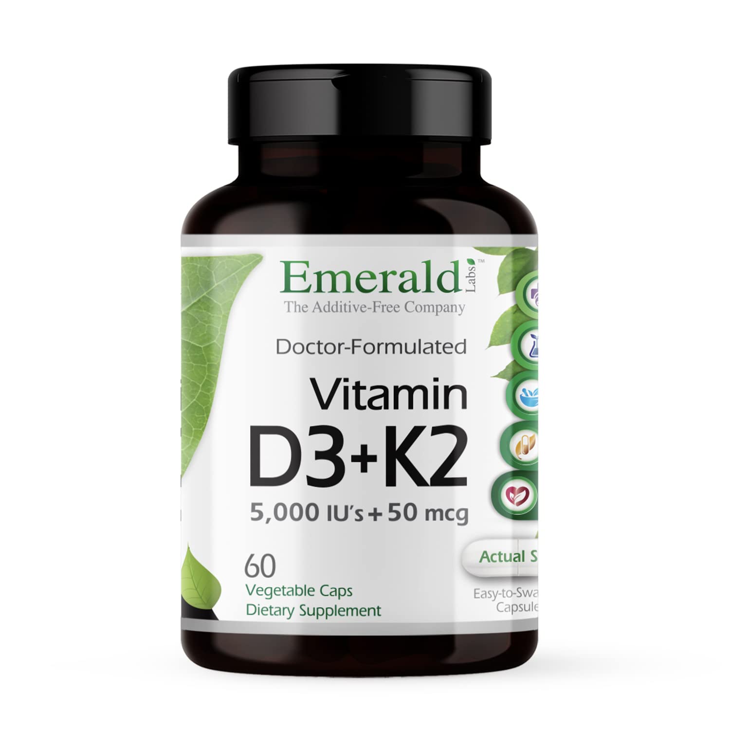 Bottle label: Emerald Labs Vitamin D3+K2 60 Vegetarian Capsules
