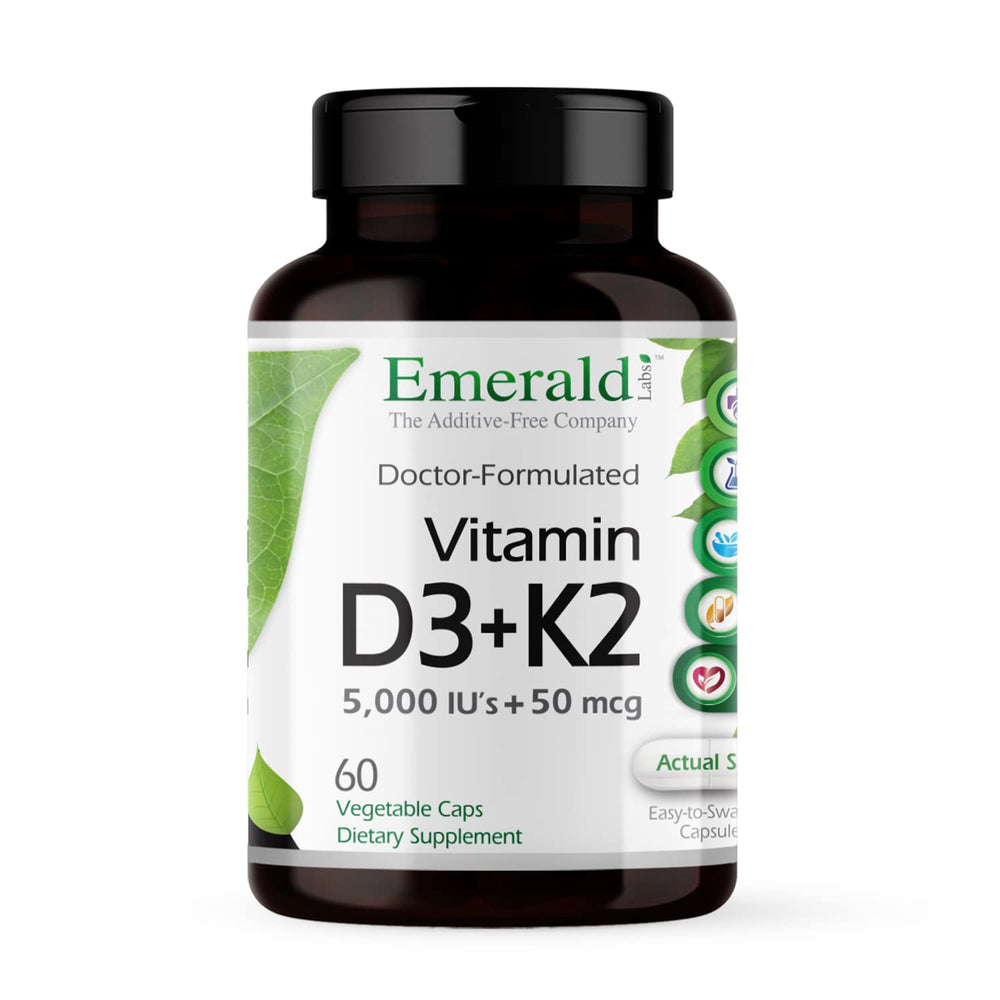 Bottle label: Emerald Labs Vitamin D3+K2 60 Vegetarian Capsules