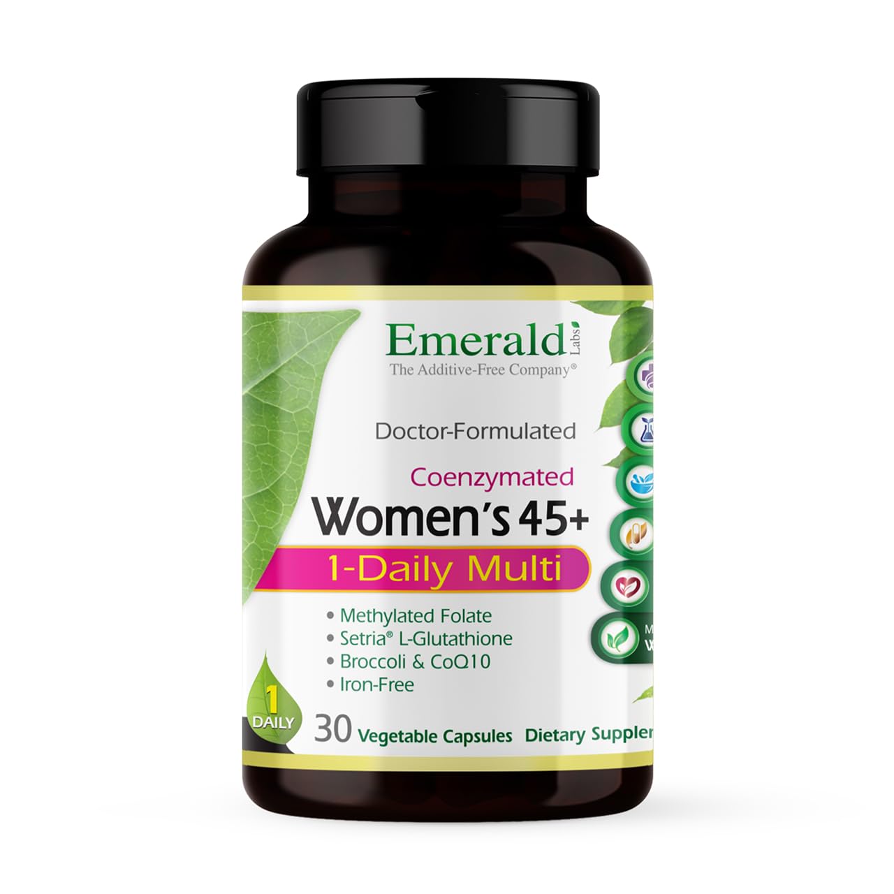 Front view of EMERALD LABS Women's 45+ 1-Daily Multi bottle