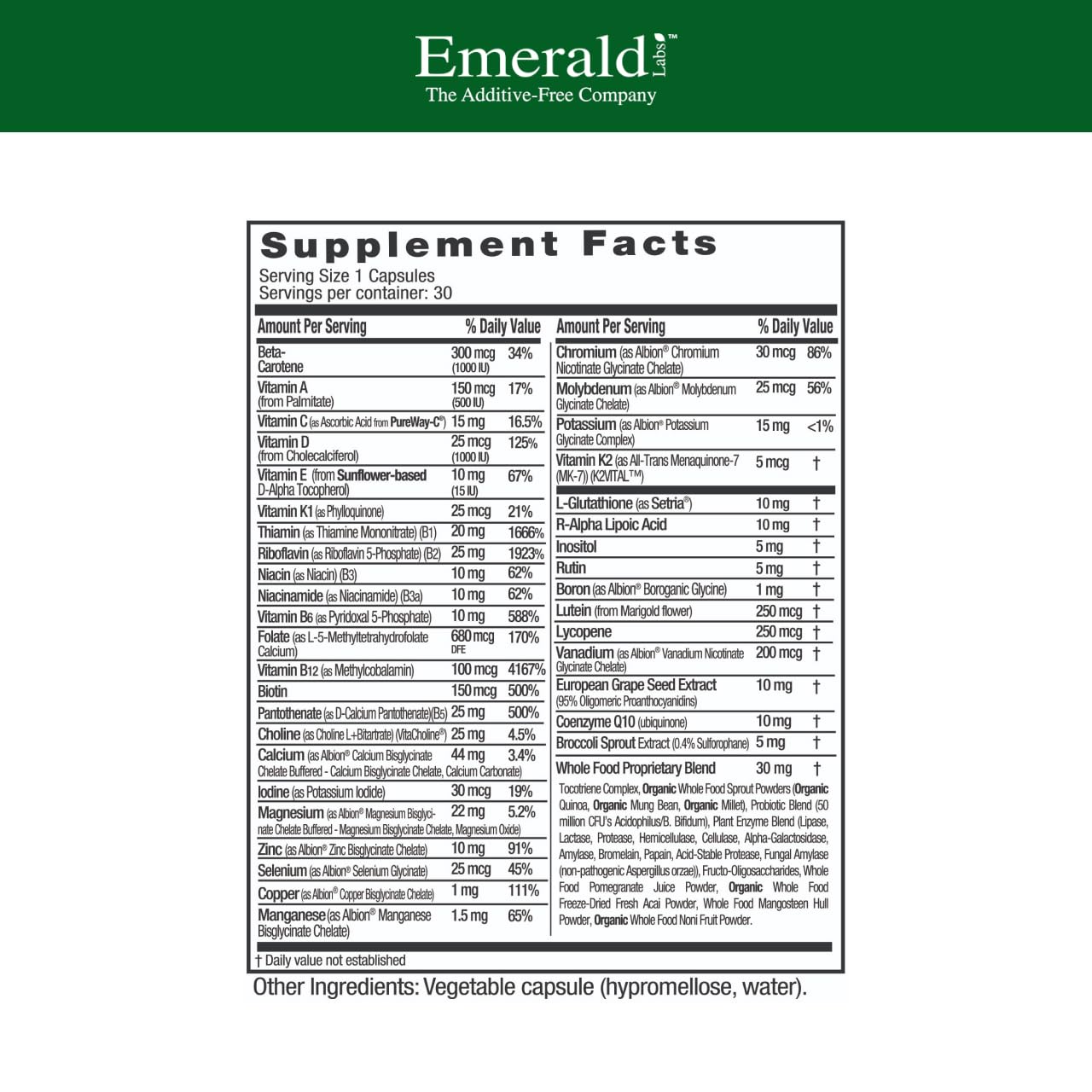 Side view of EMERALD LABS Women's 45+ 1-Daily Multi bottle