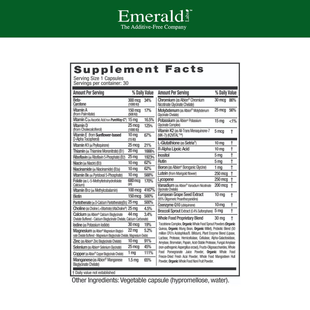 Side view of EMERALD LABS Women's 45+ 1-Daily Multi bottle