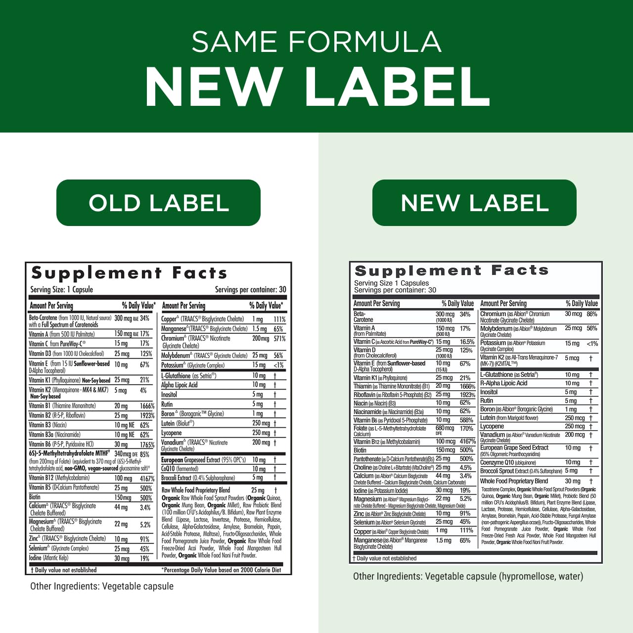 Bottle showing daily use and serving size for EMERALD LABS Women's 45+ 1-Daily Multi