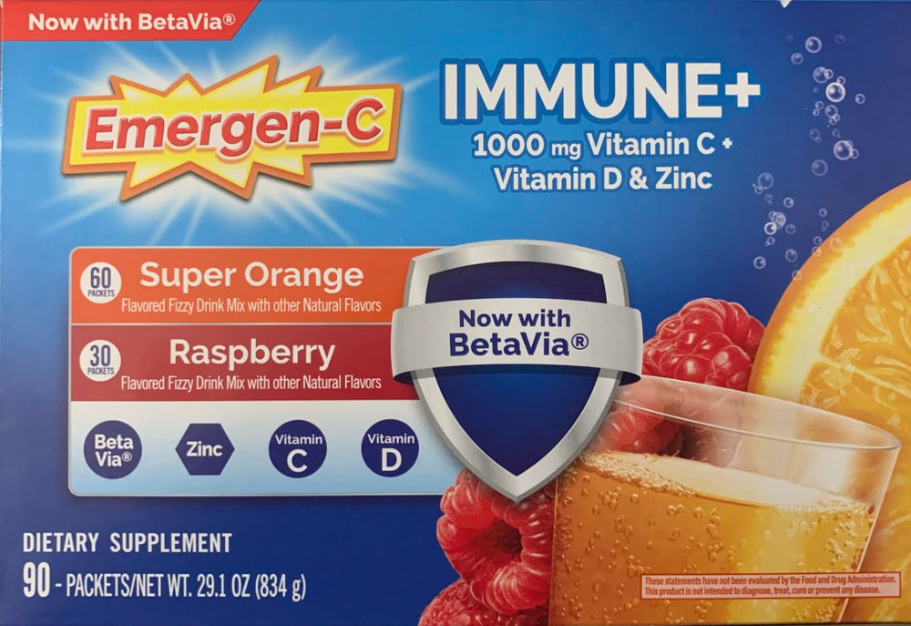 Box of Emergen-C Immune+ 1000 mg Vitamin C + Vitamin D & Zinc with Super Orange and Raspberry flavors