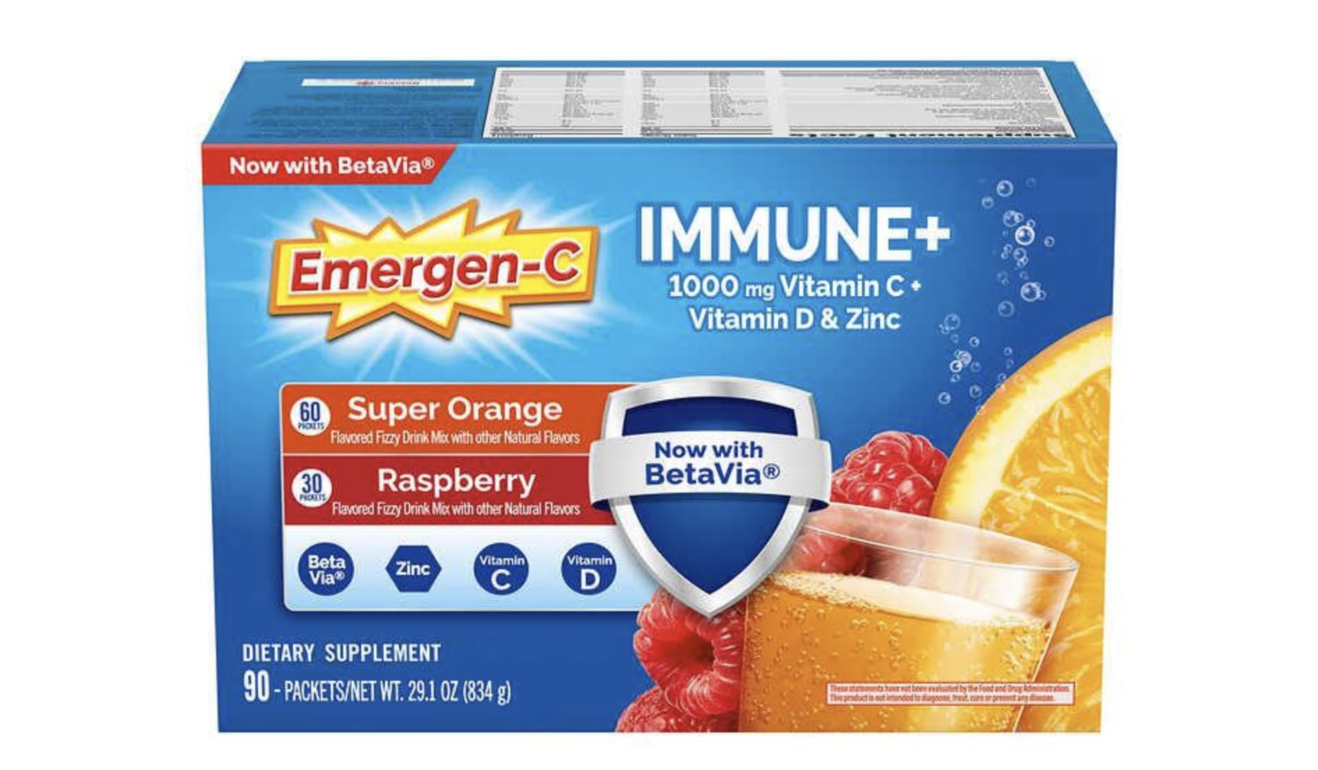 Front label of Emergen-C Immune+ packet showing 1000 mg Vitamin C
