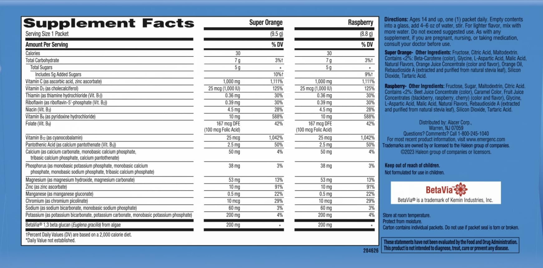Back nutrition facts panel for Emergen-C Immune+ box