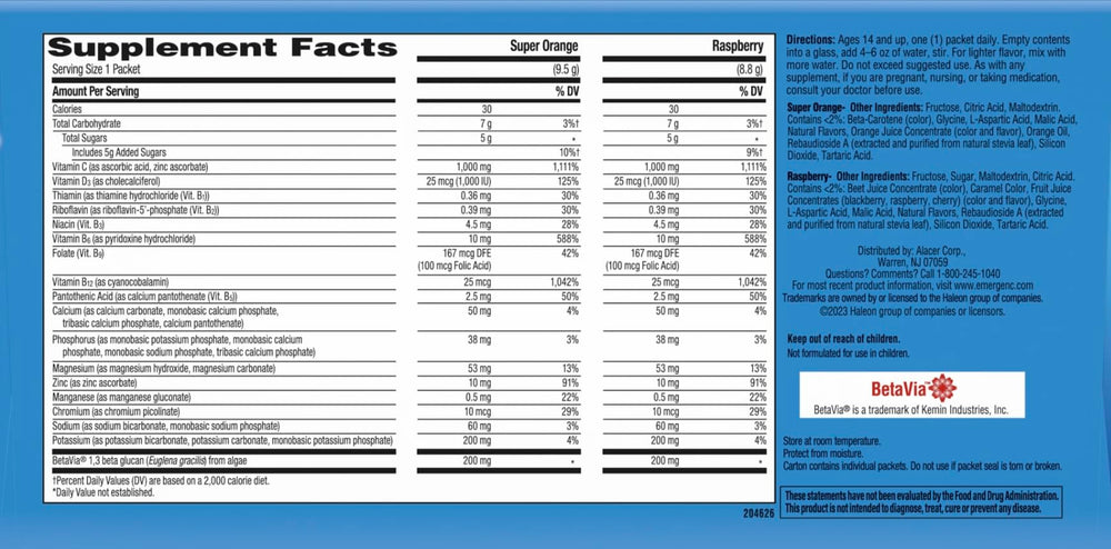 Back nutrition facts panel for Emergen-C Immune+ box