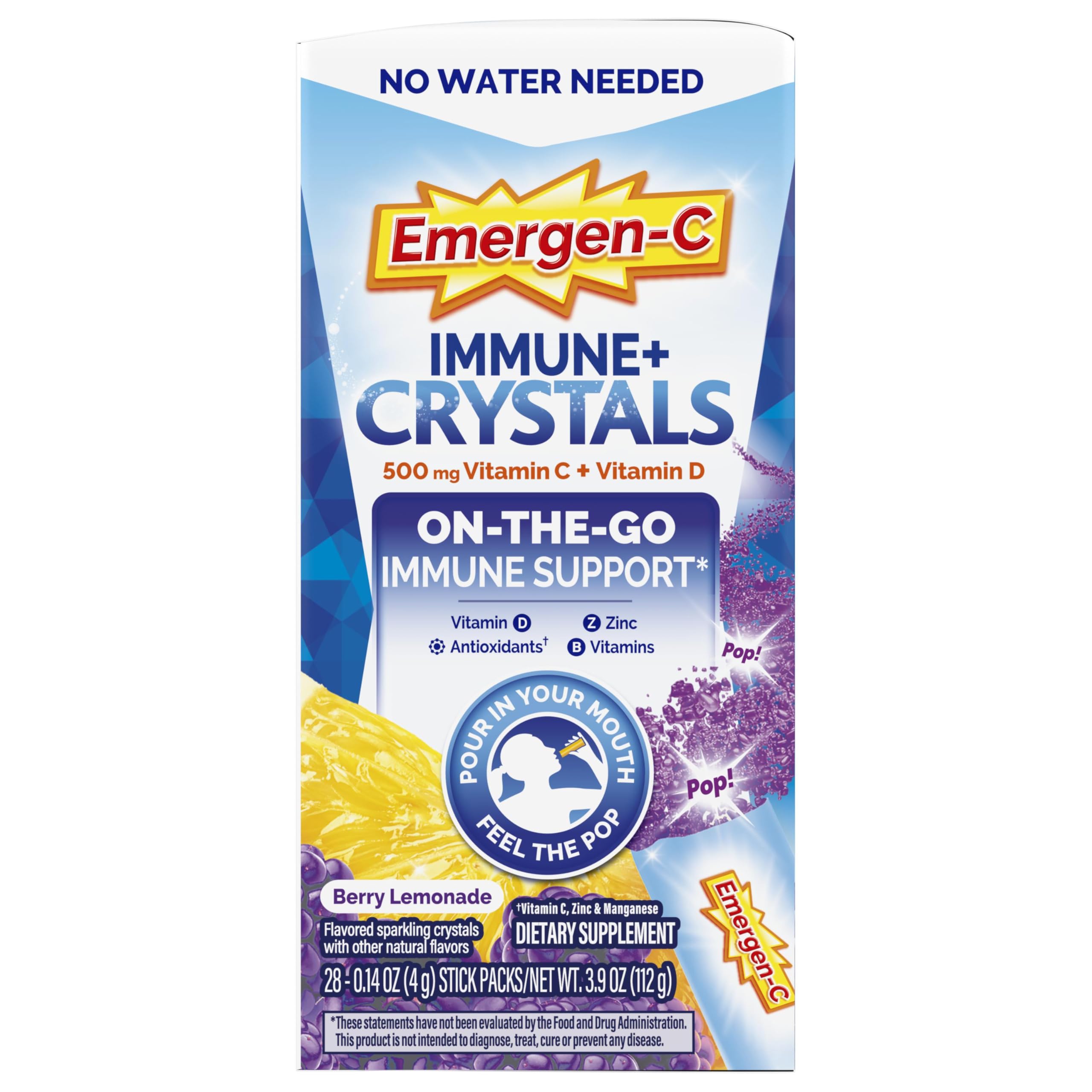 Emergen-C Immune Plus Crystals Berry Lemonade flavor with natural fruit flavors