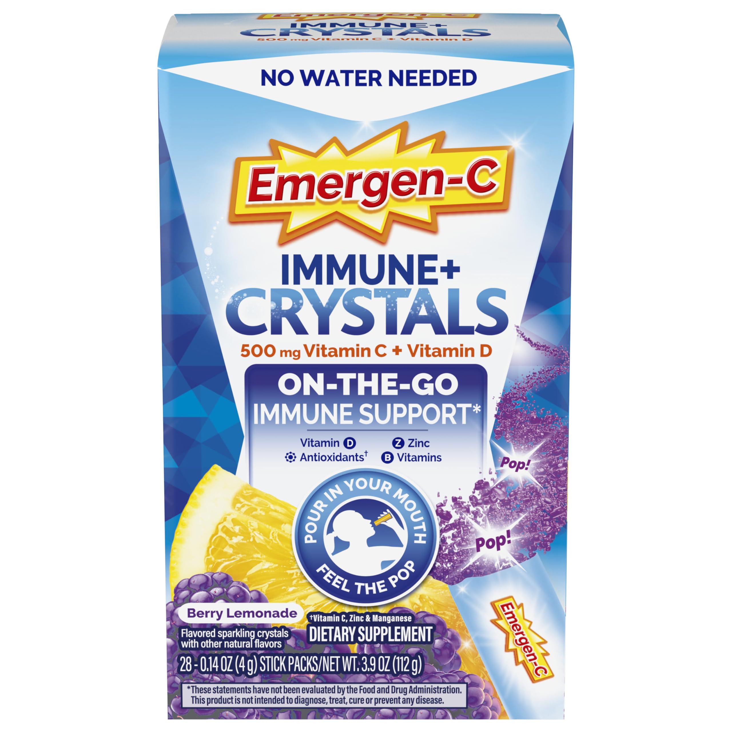 Emergen-C Immune Plus Crystals berry lemonade stick pack for on-the-go immune support