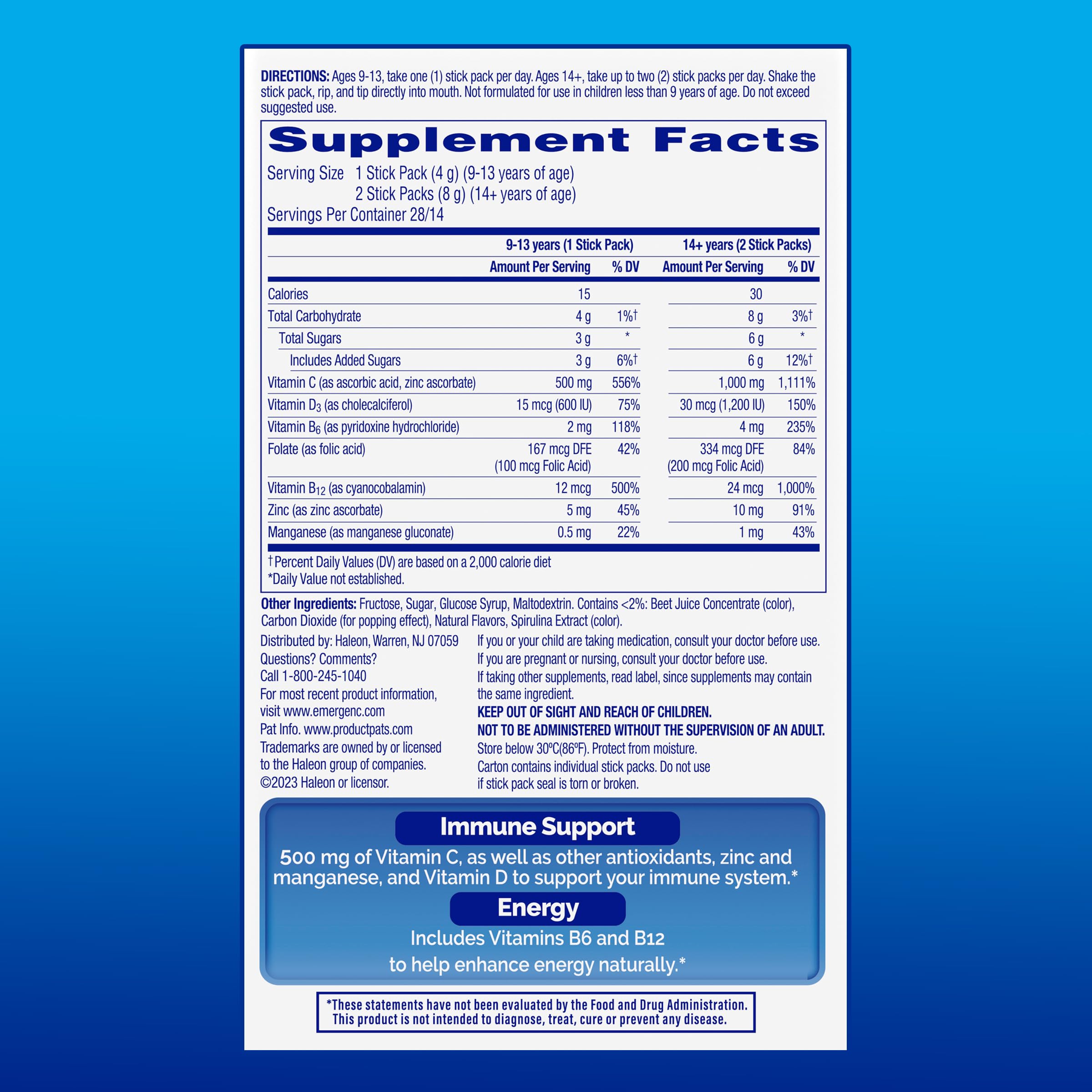 Emergen-C Immune Plus Crystals includes vitamin D, zinc and manganese