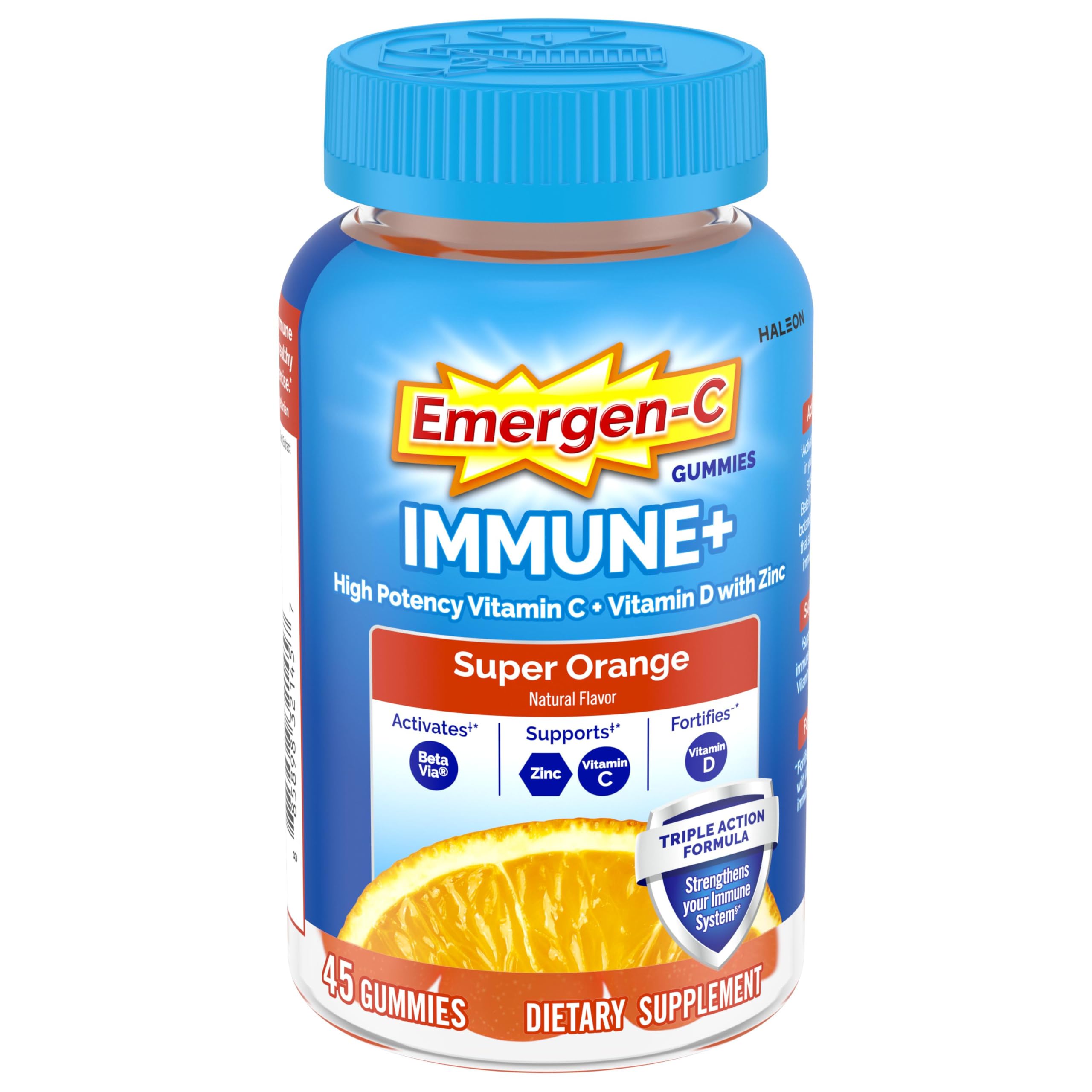 Emergen-C Immune+ Triple Action bottle front with orange gummies for daily immune support.