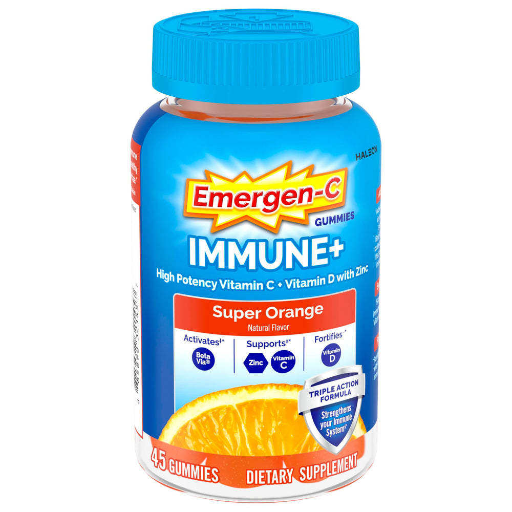 Emergen-C Immune+ Triple Action bottle front with orange gummies for daily immune support.