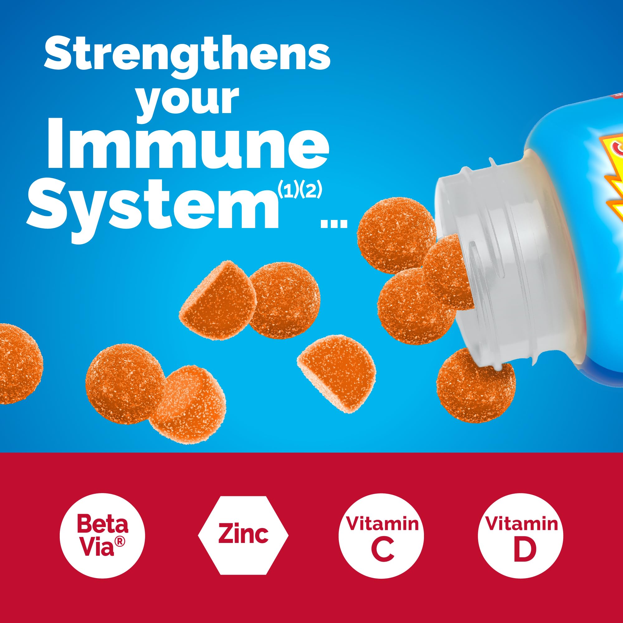 Emergen-C Immune+ gummies orange closeup highlighting bright flavor for daily use.