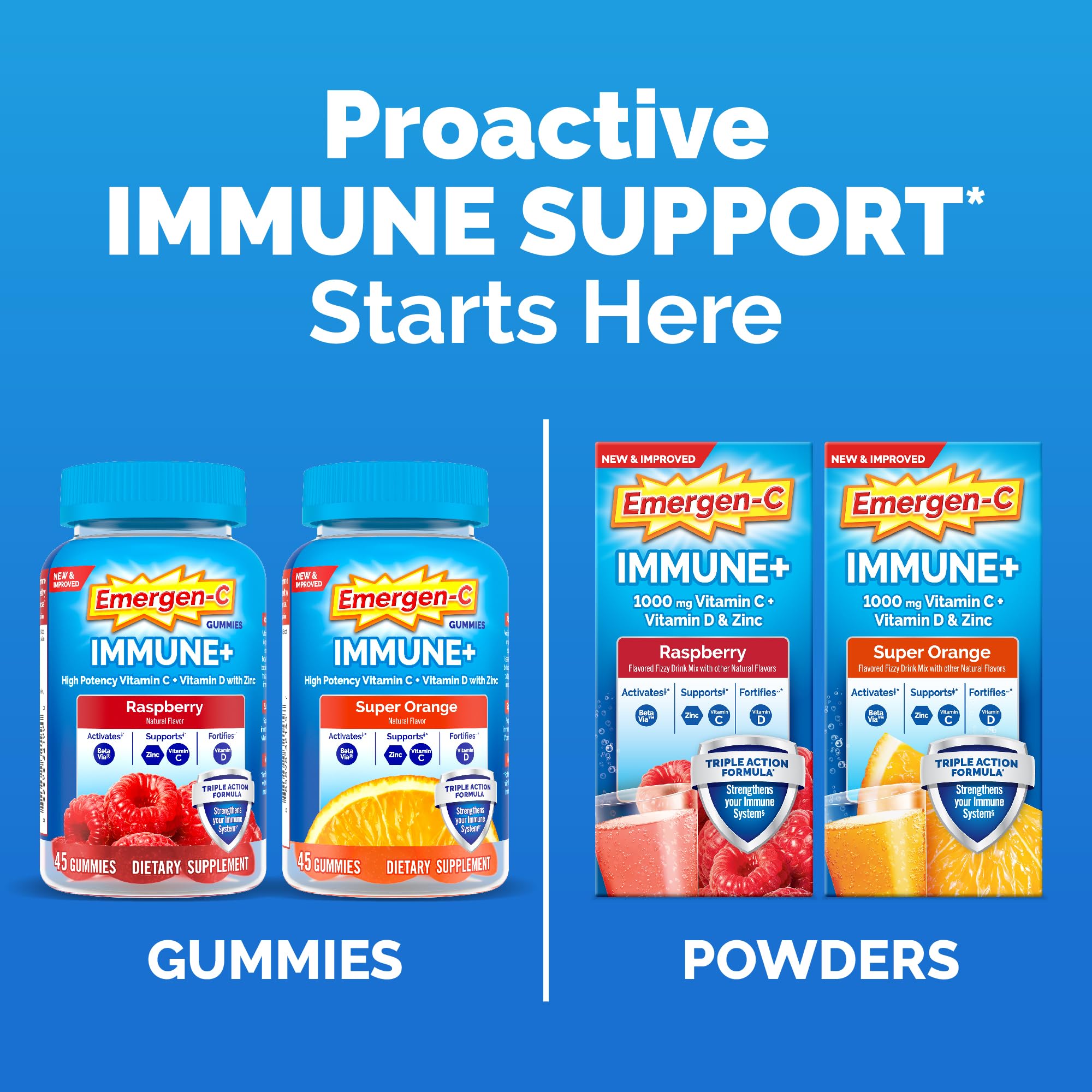 Vitamin C and minerals icons on Emergen-C Immune+ package for immune support.