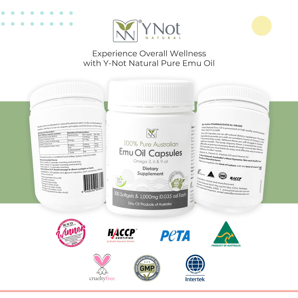 Translucent Emu Oil capsules in a row