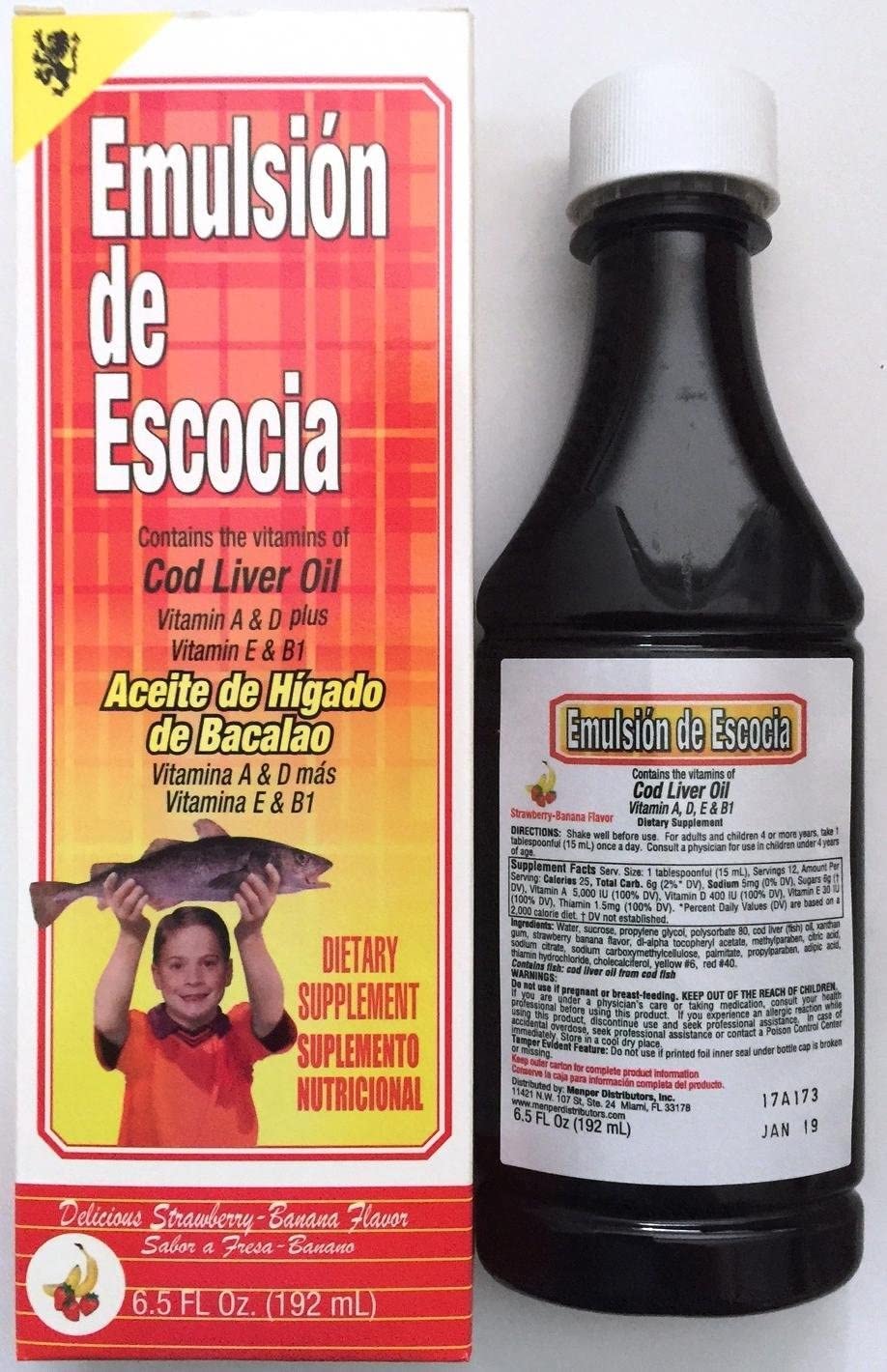 Front view of Emulsion De Escocia Strawberry/Banana Cod Liver Oil 2-Pack 6.5 oz
