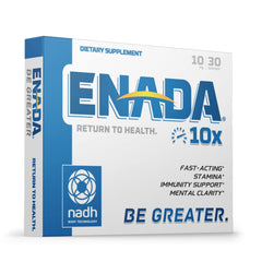 ENADA 10X NADH lozenge pack illustrating daytime energy without jitters.