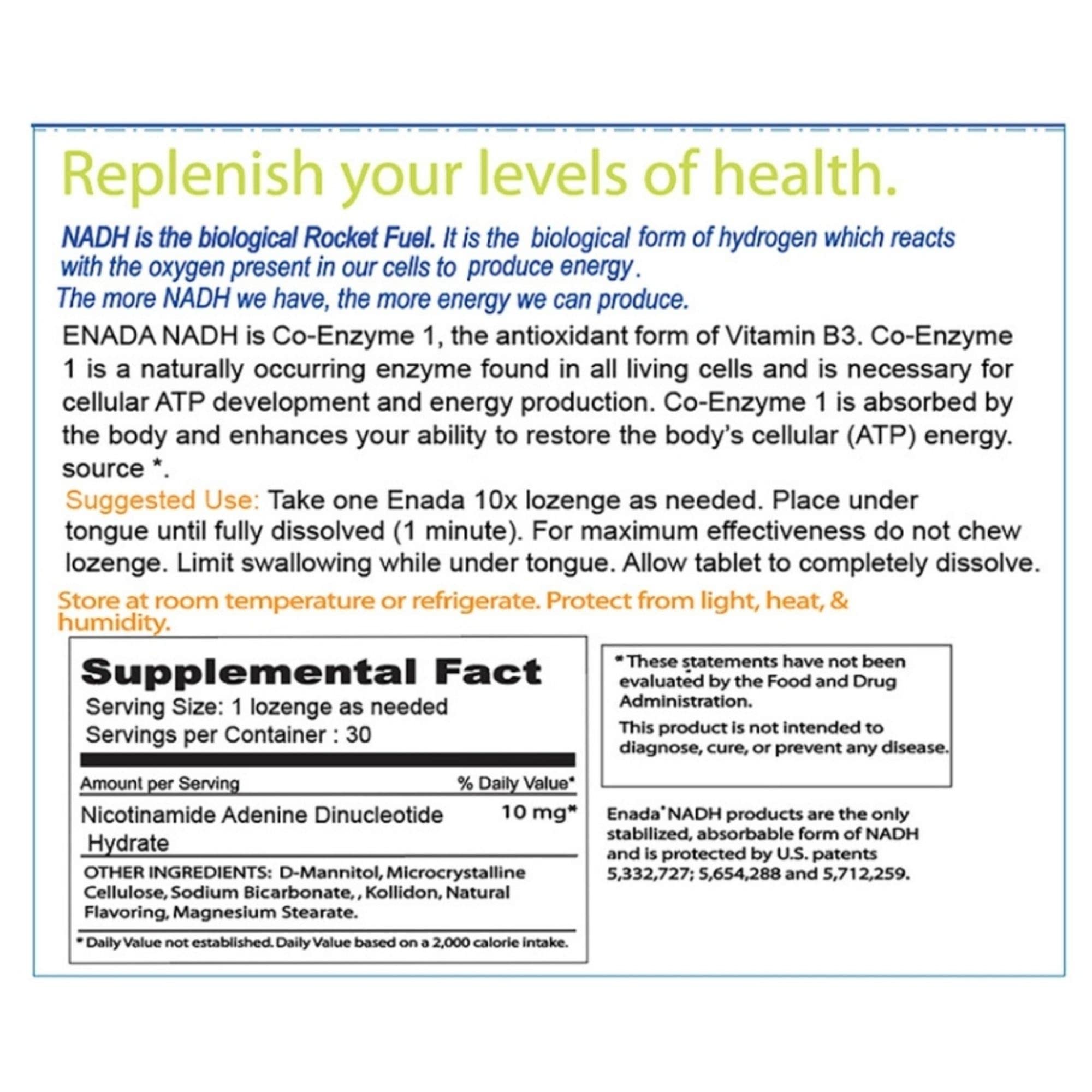ENADA 10X NADH sublingual bottle demonstrates fast-acting energy for study sessions.