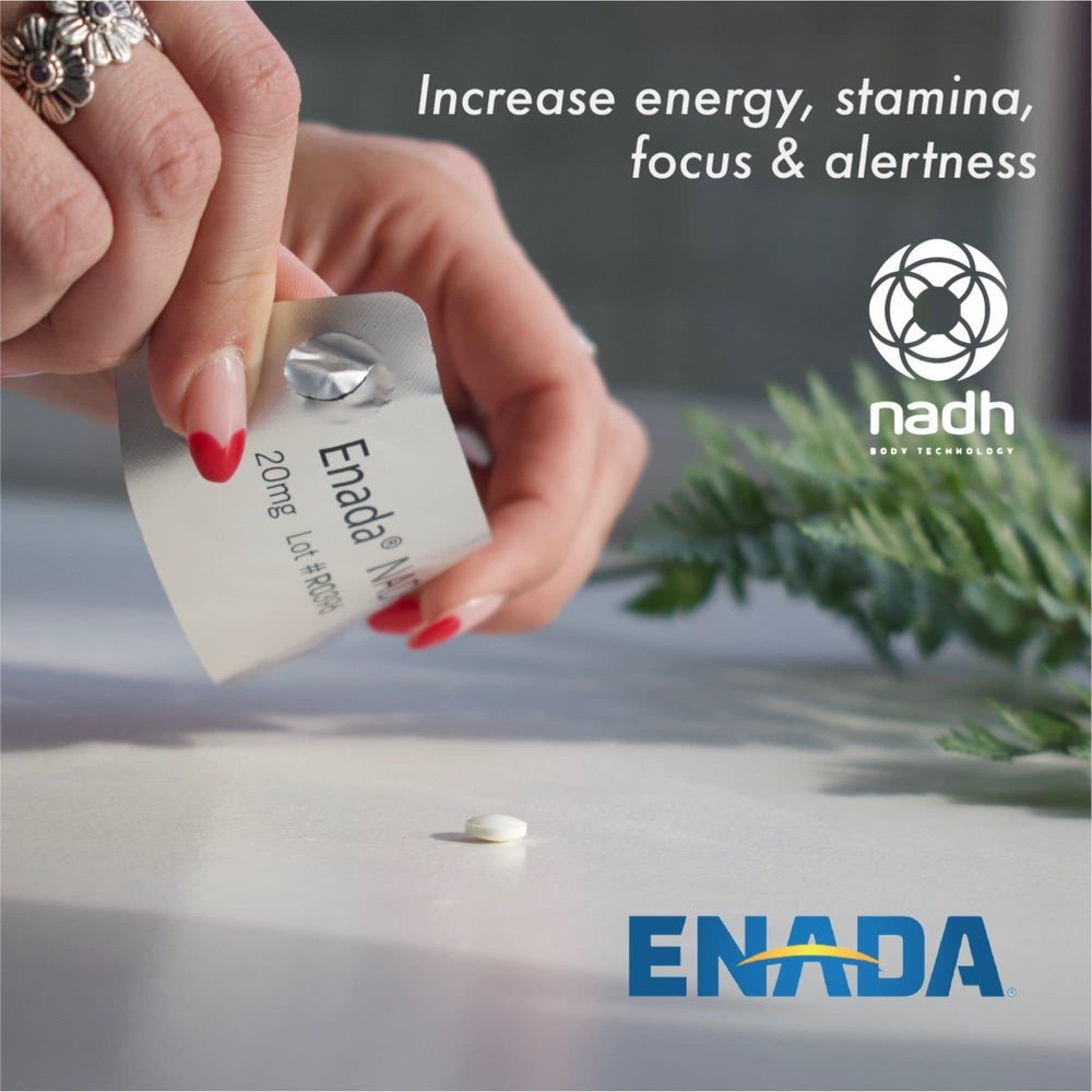 ENADA 20x NADH bottle on desk for convenient daily energy management.