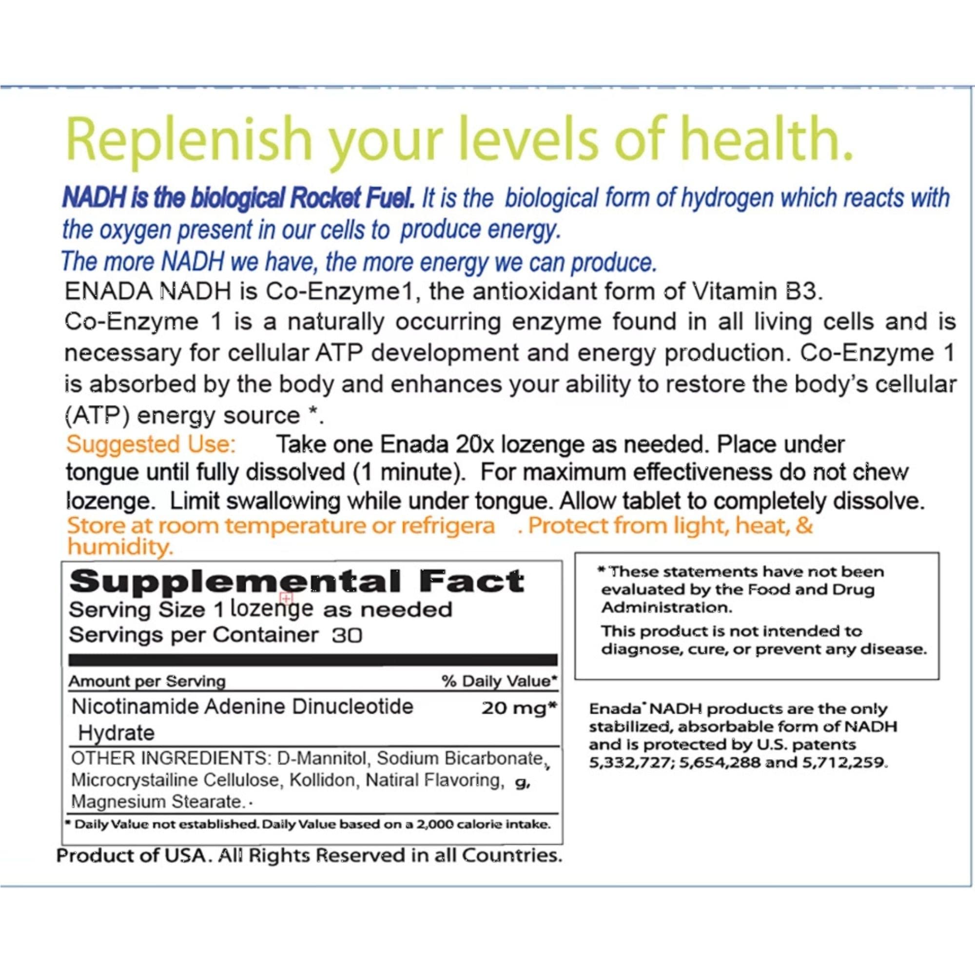 ENADA 20x NADH dissolving under the tongue for fast alertness.