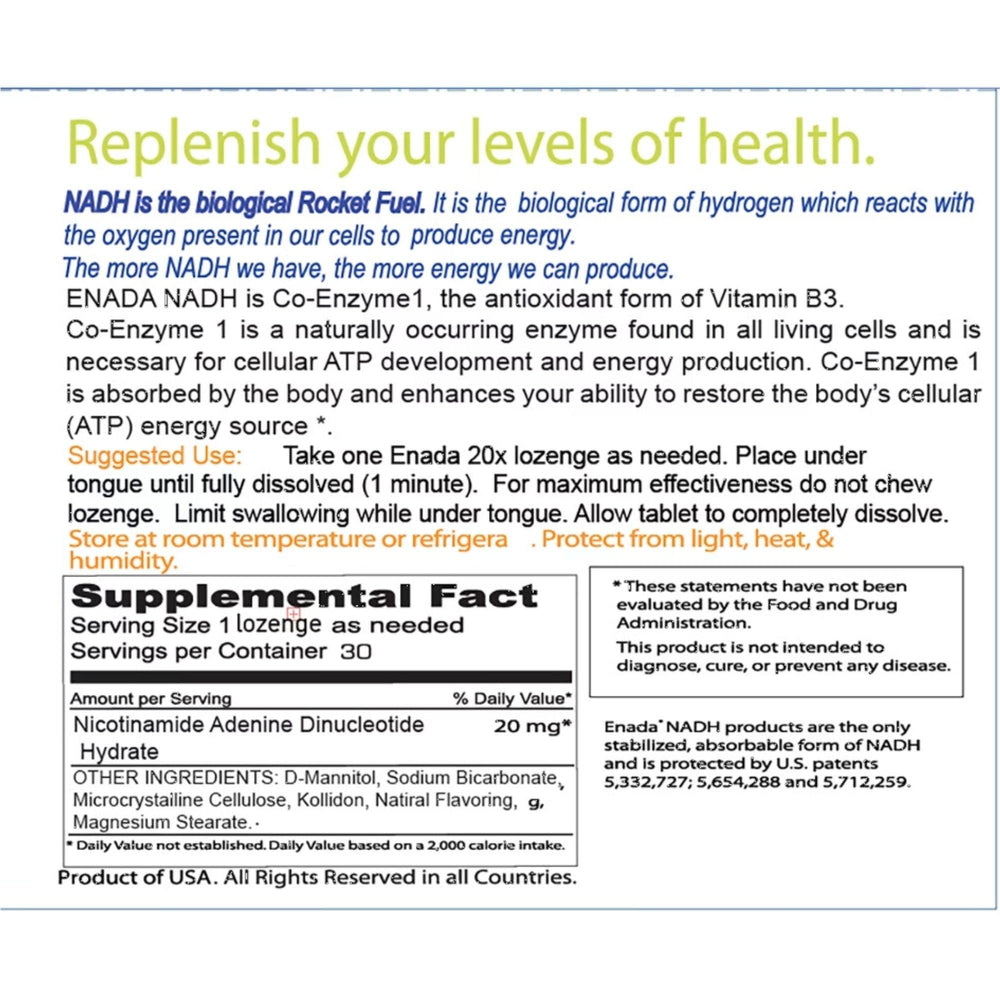 ENADA 20x NADH dissolving under the tongue for fast alertness.