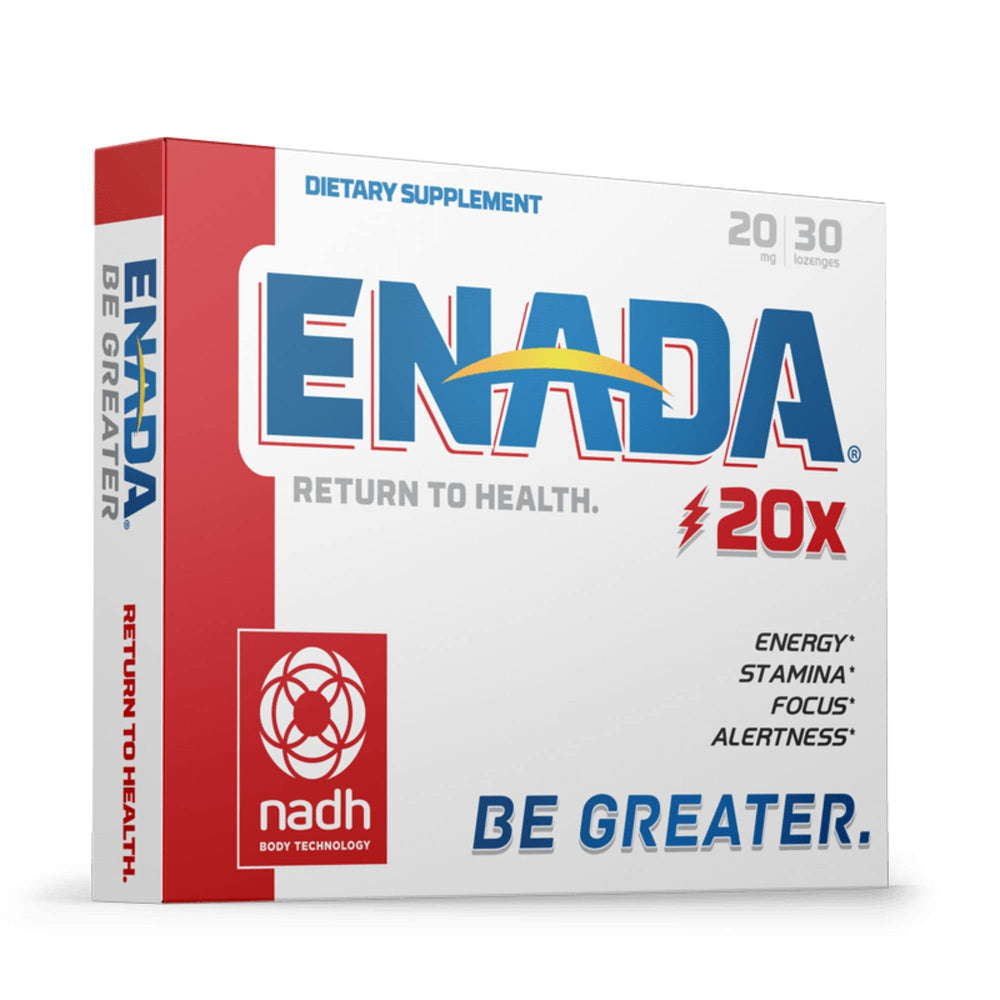 ENADA 20x NADH lozenges packaging shows portable daily energy support.