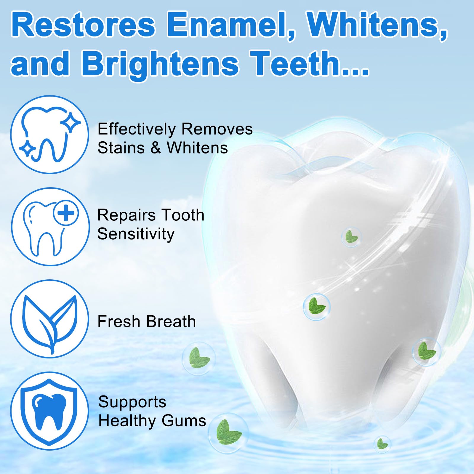 Illustration of enamel repair with hydroxyapatite formula.