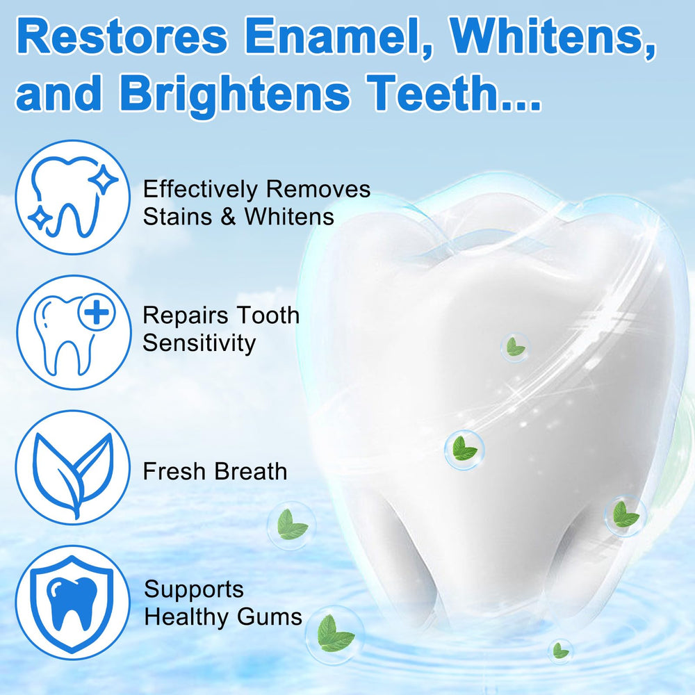 Illustration of enamel repair with hydroxyapatite formula.